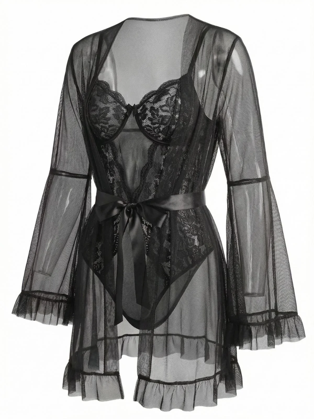 Red 1960s Solid Sheer Lace Patchwork Sleepwear Set - Image 8