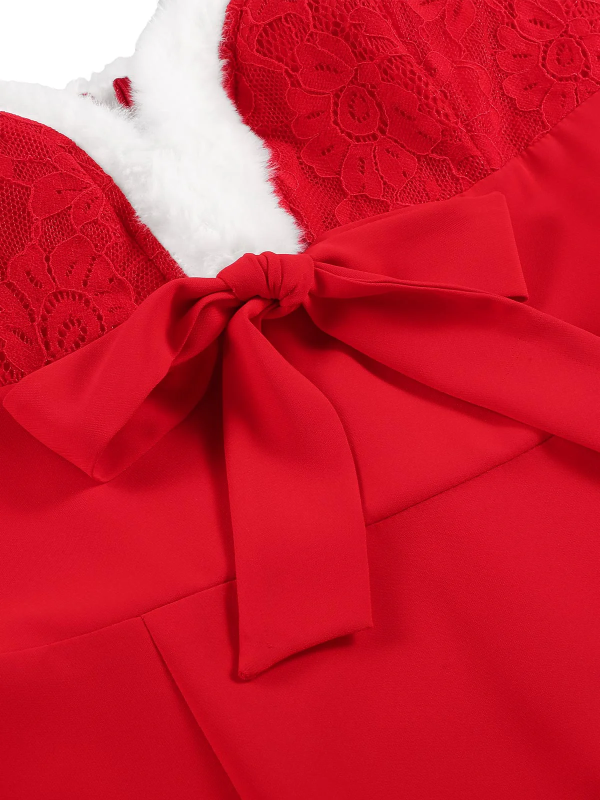 Red 1960s Spaghetti Strap Christmas Plush Lace Dress - Image 7