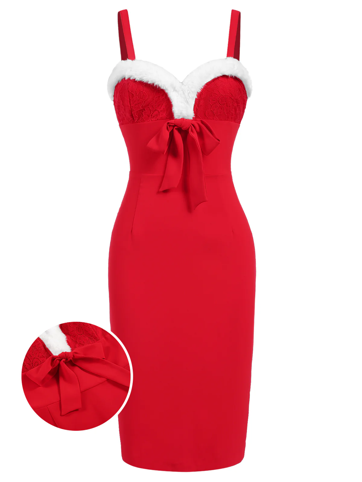 Red 1960s Spaghetti Strap Christmas Plush Lace Dress - Image 2