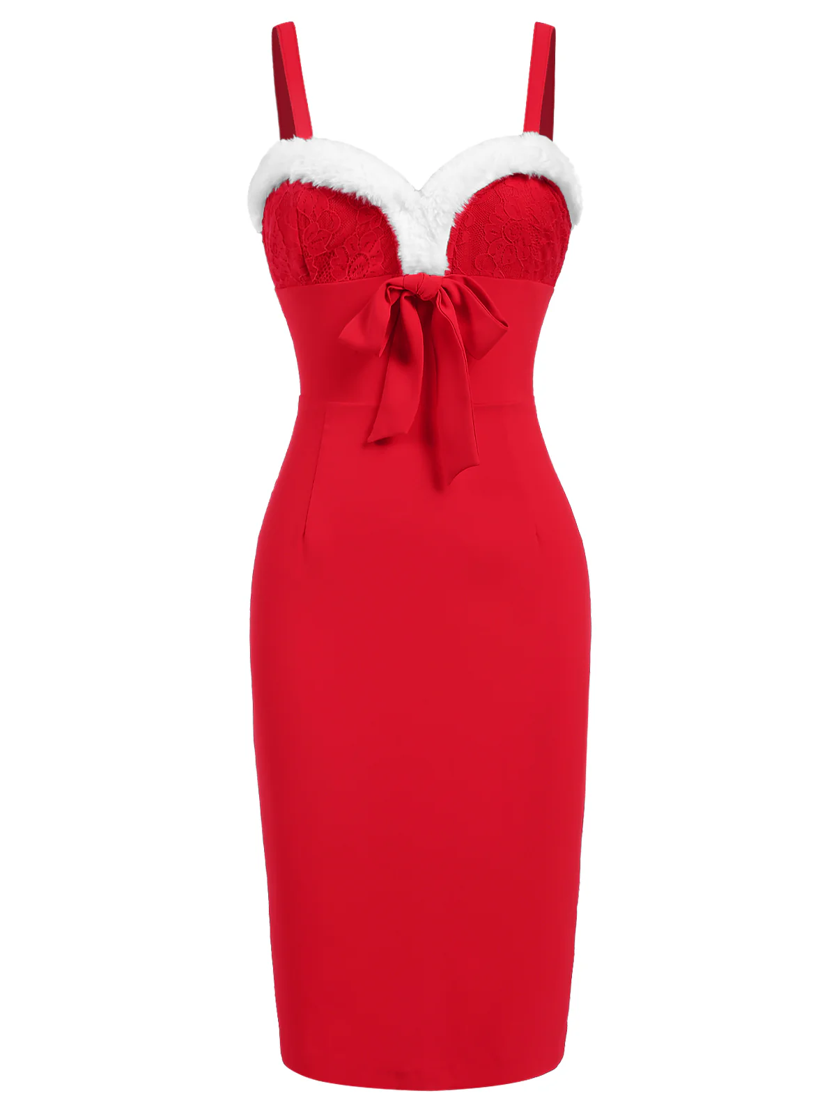 Red 1960s Spaghetti Strap Christmas Plush Lace Dress - Image 3