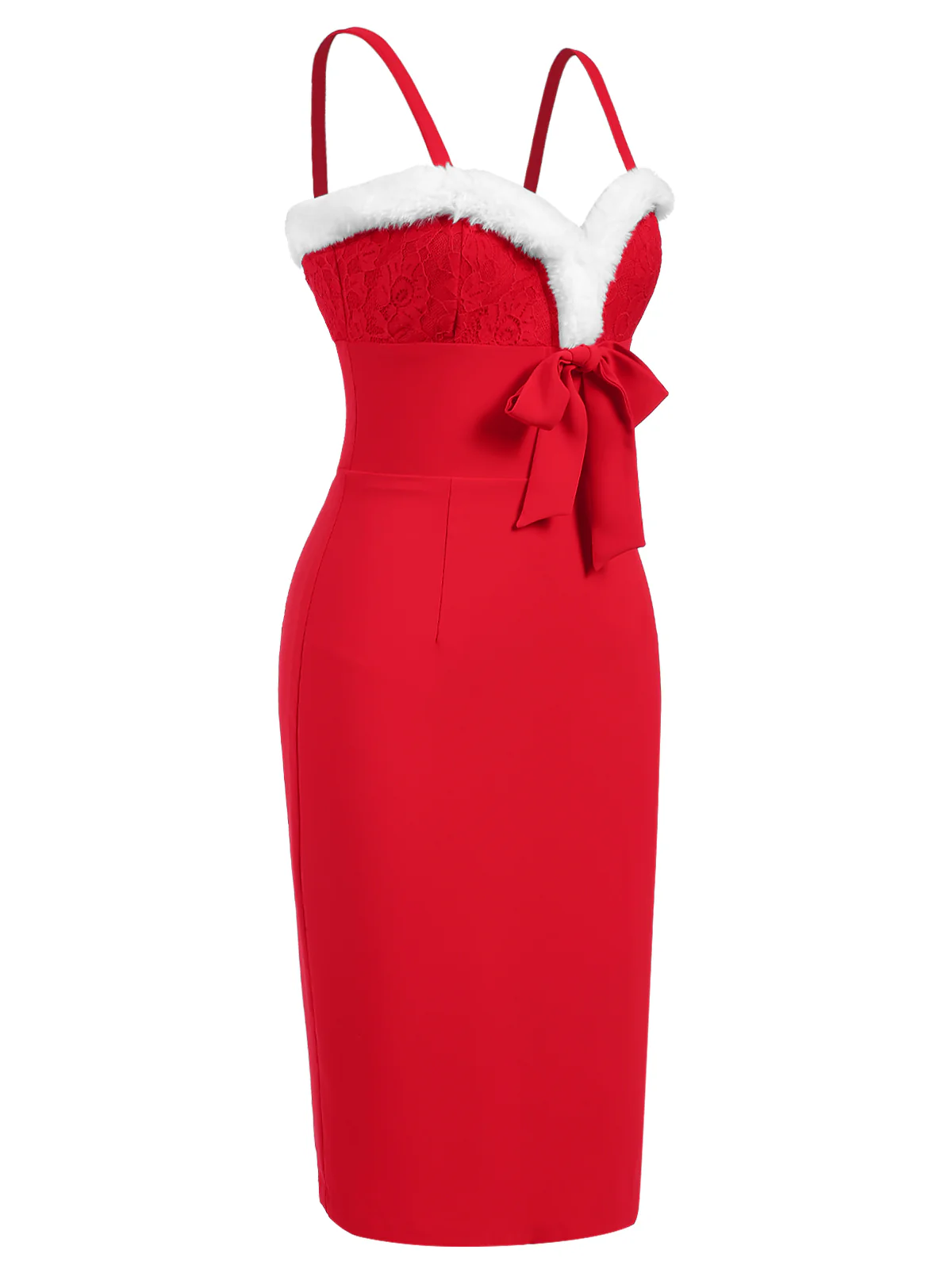 Red 1960s Spaghetti Strap Christmas Plush Lace Dress - Image 4