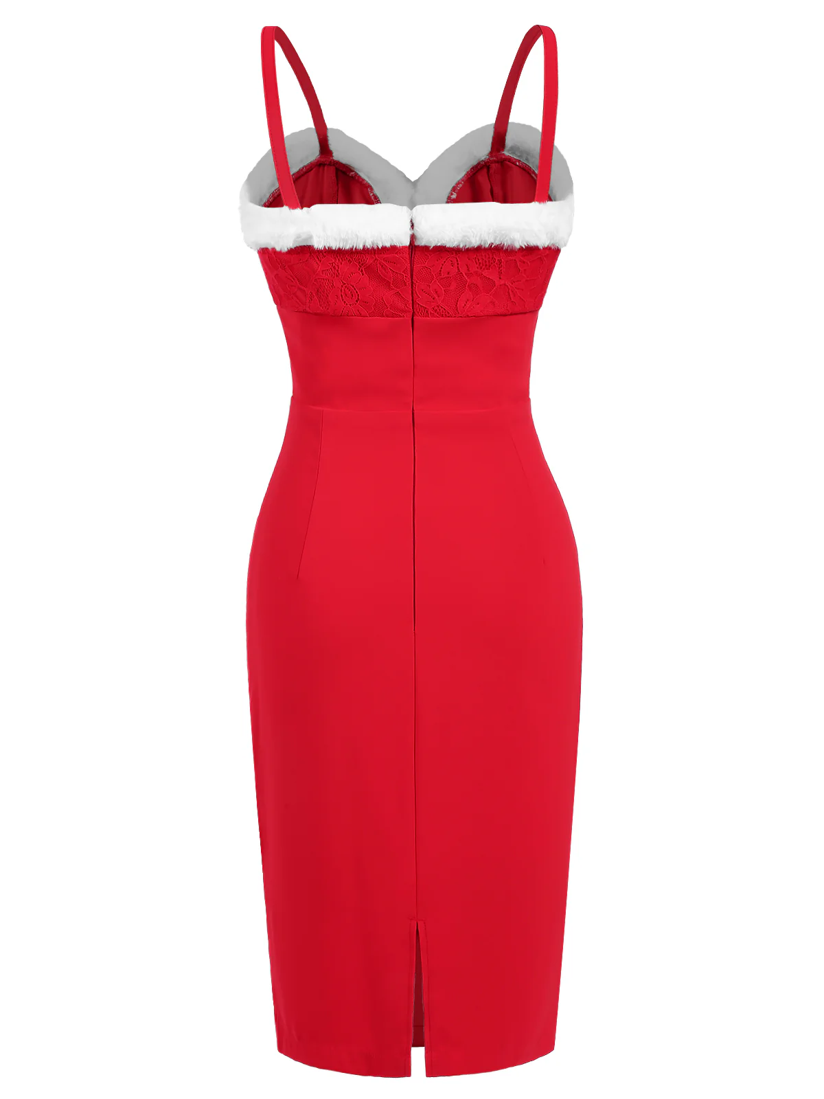 Red 1960s Spaghetti Strap Christmas Plush Lace Dress - Image 5
