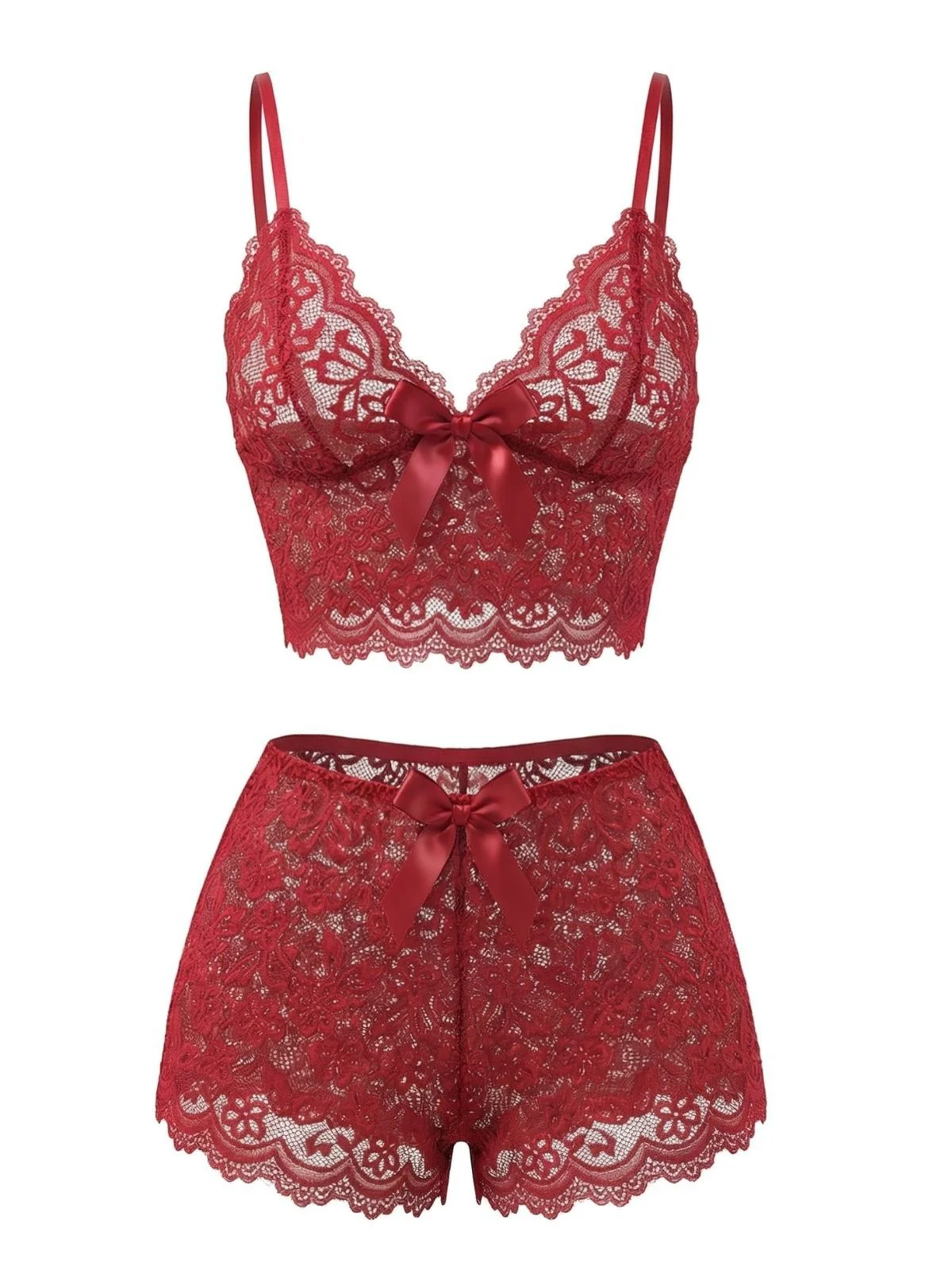 Red 1960s Spaghetti Strap Lace Floral Bow Pajama Set - Image 2