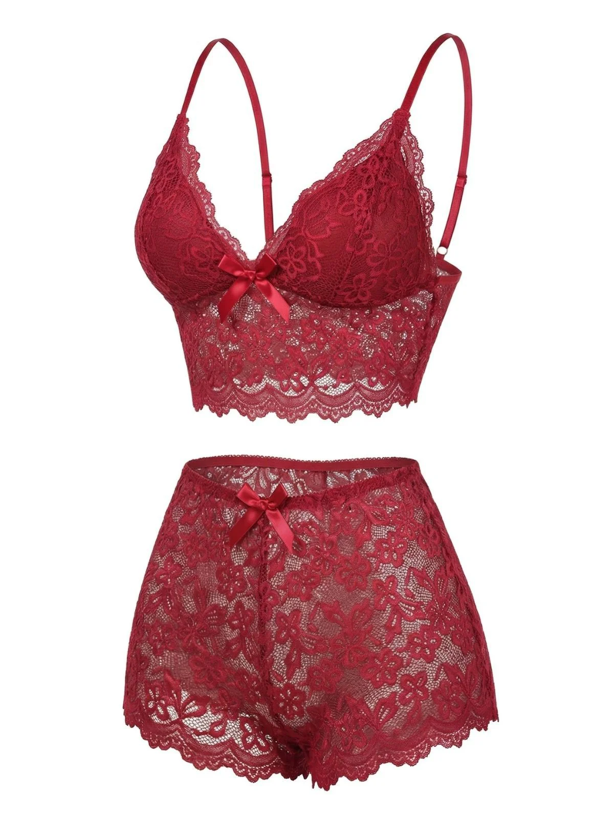 Red 1960s Spaghetti Strap Lace Floral Bow Pajama Set - Image 3