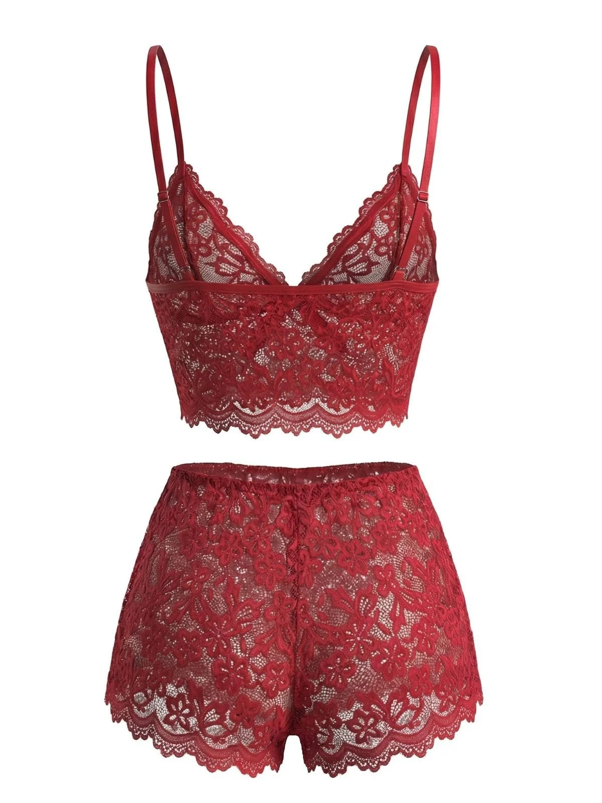 Red 1960s Spaghetti Strap Lace Floral Bow Pajama Set - Image 4