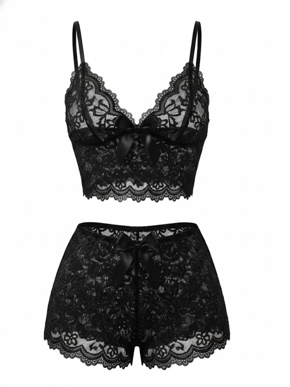 Red 1960s Spaghetti Strap Lace Floral Bow Pajama Set - Image 5