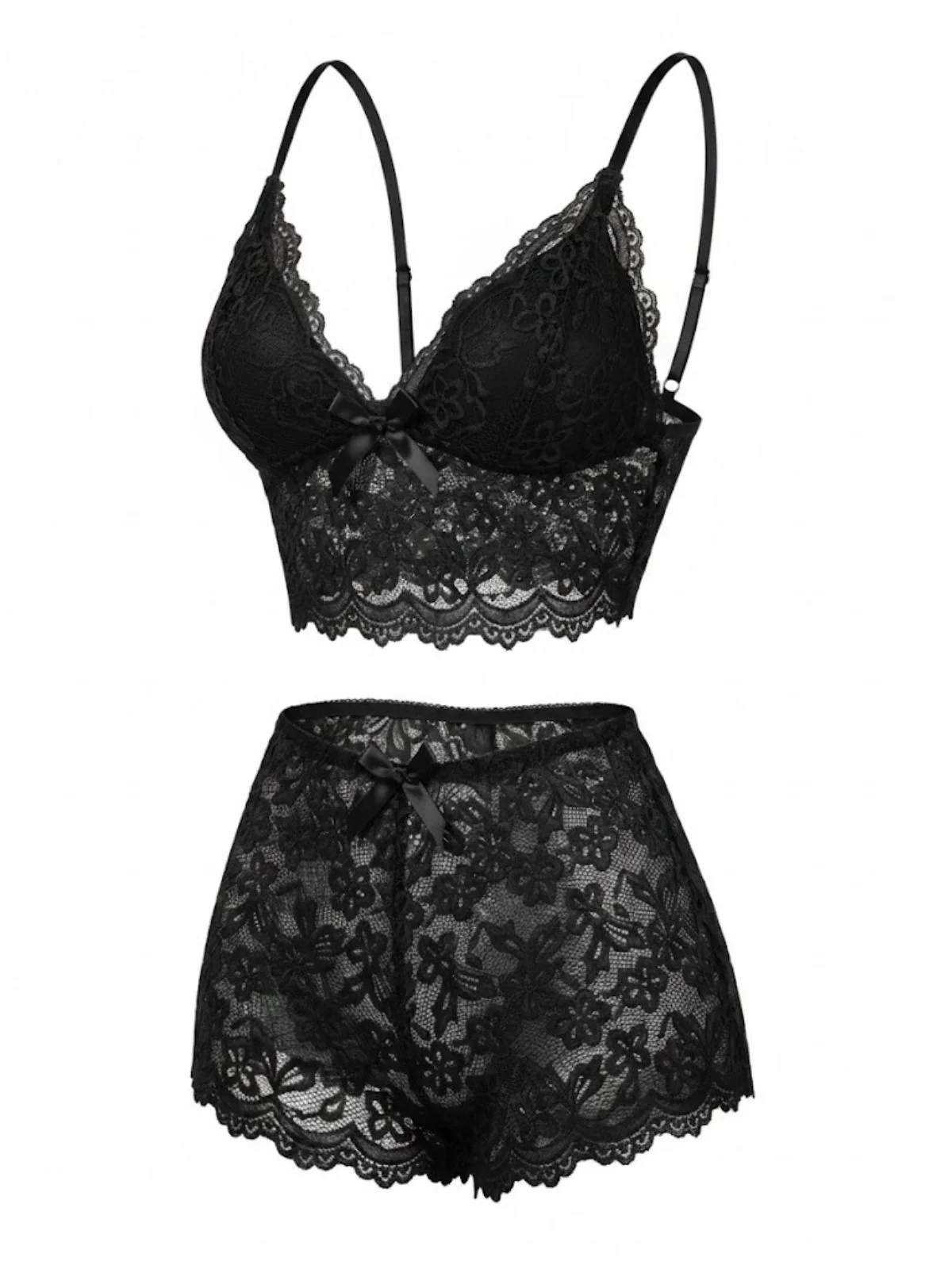 Red 1960s Spaghetti Strap Lace Floral Bow Pajama Set - Image 6