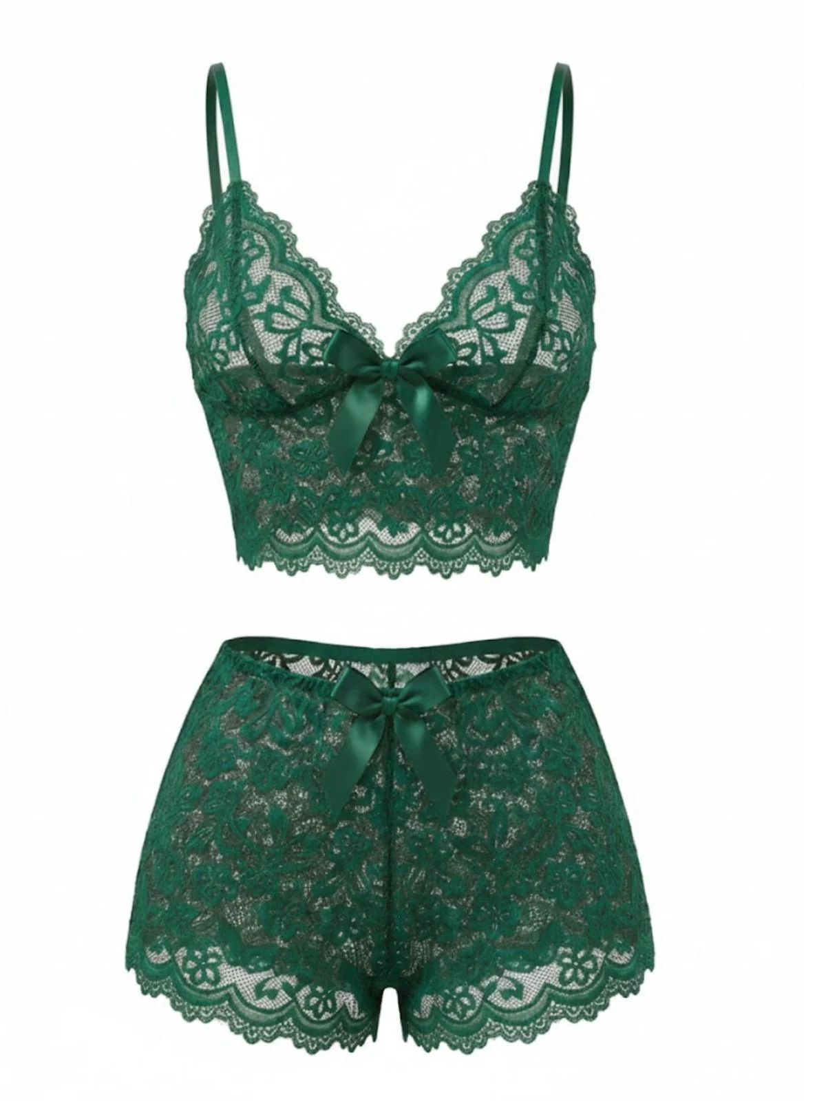 Red 1960s Spaghetti Strap Lace Floral Bow Pajama Set - Image 8