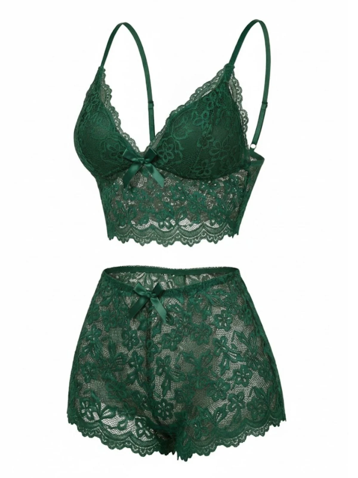 Red 1960s Spaghetti Strap Lace Floral Bow Pajama Set - Image 9