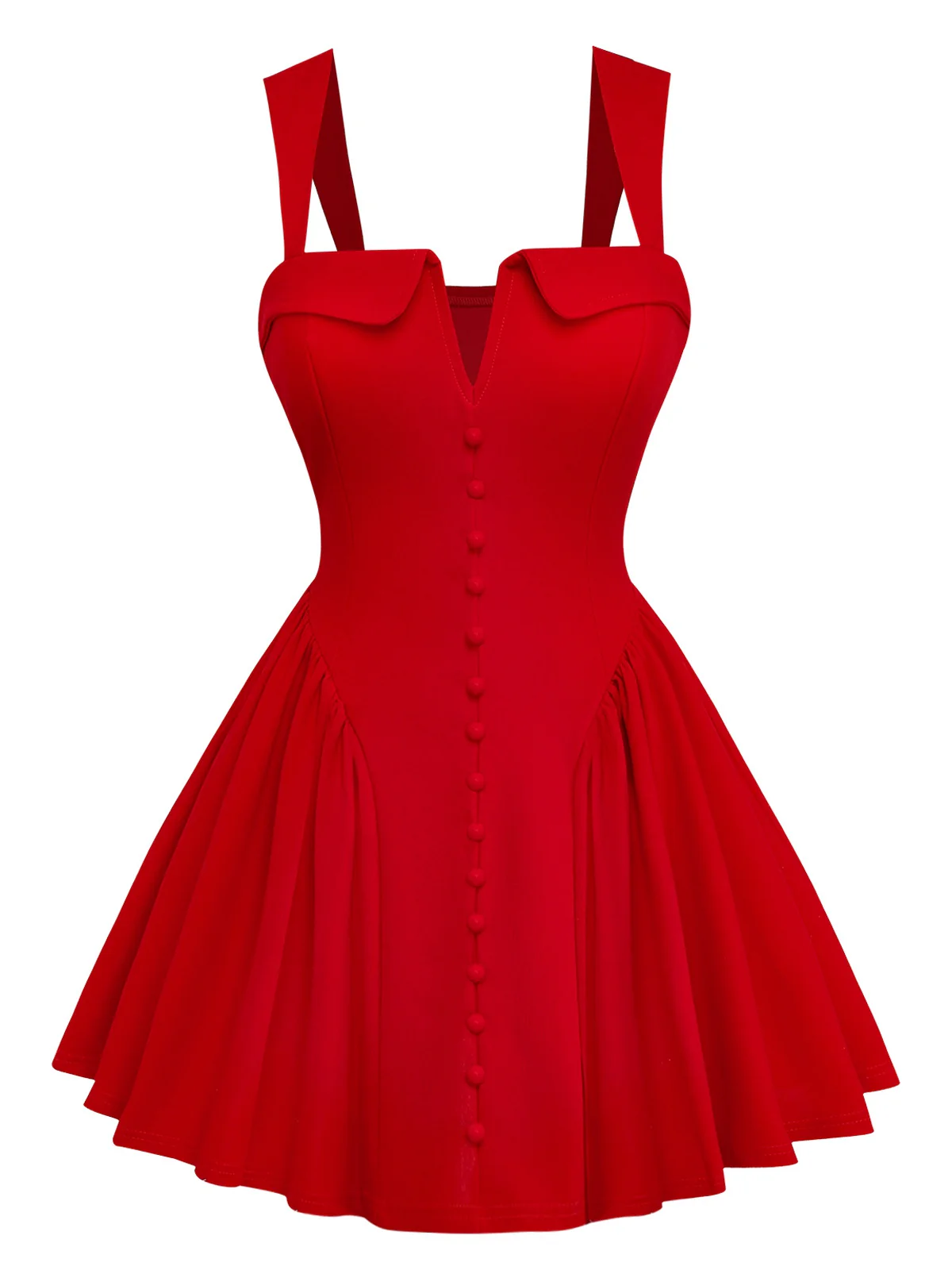 Red 1960s Square Neck Button Detail Ruched Mini Dress - Image 2