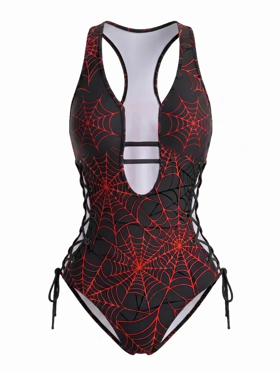 [Pre-Sale] Red 1960s Spider Web Cutout Strappy Swimsuit - Image 3