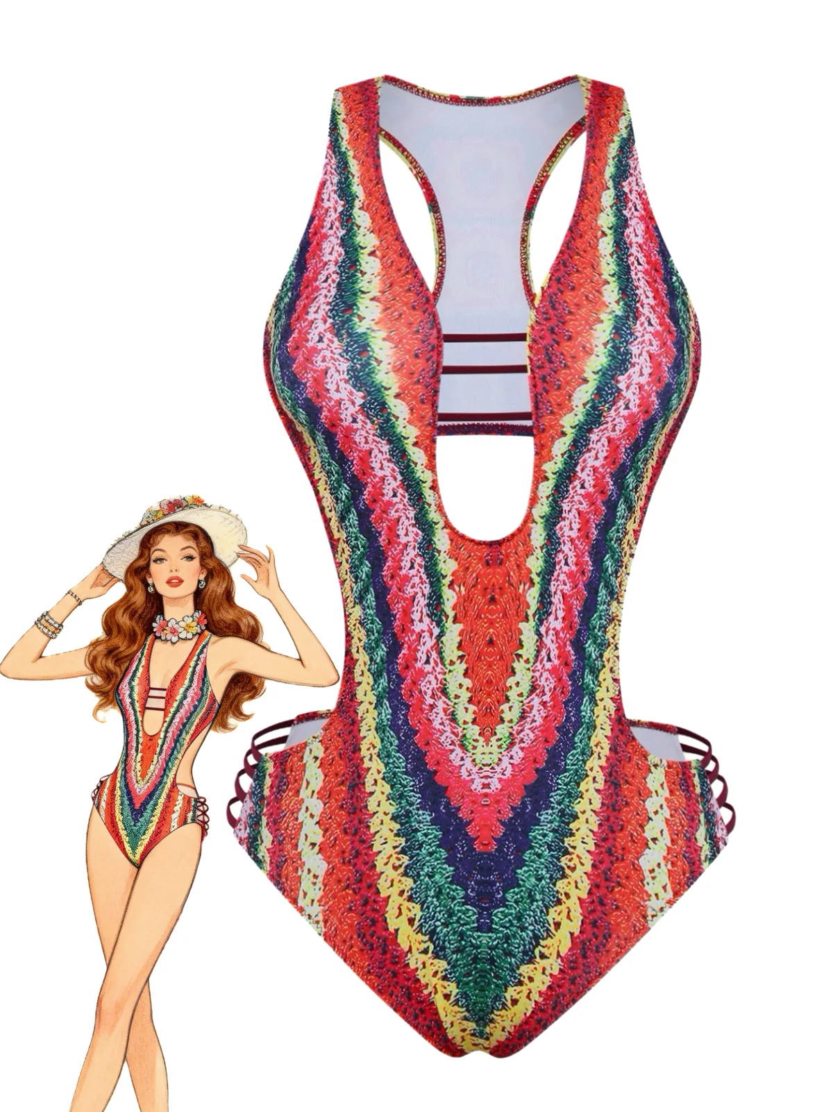 [Pre-Sale] Red 1960s Spider Web Cutout Strappy Swimsuit - Image 5