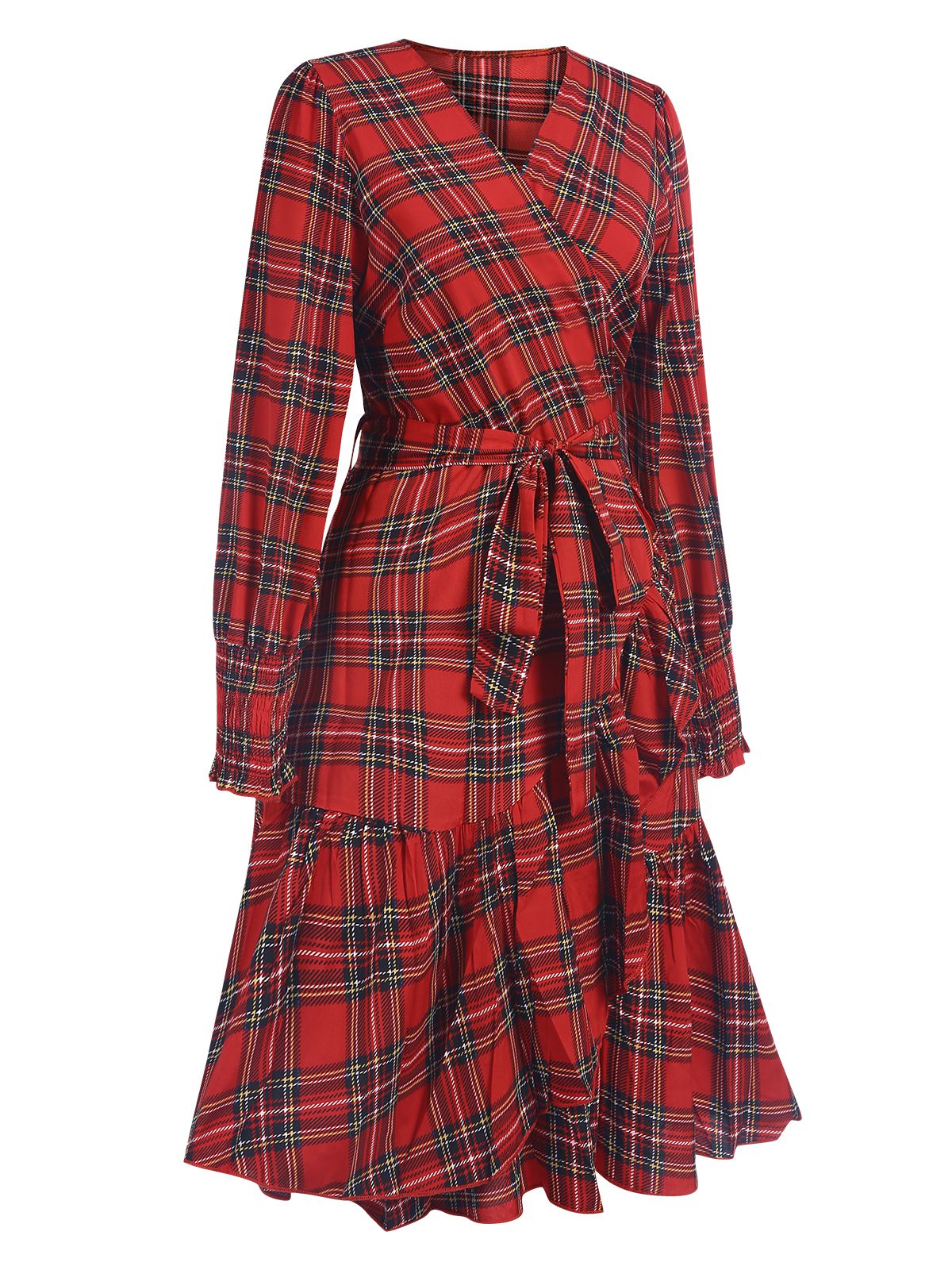 Red 1960s Tartan Plaids Ruffle Hem Belted Dress - Image 2