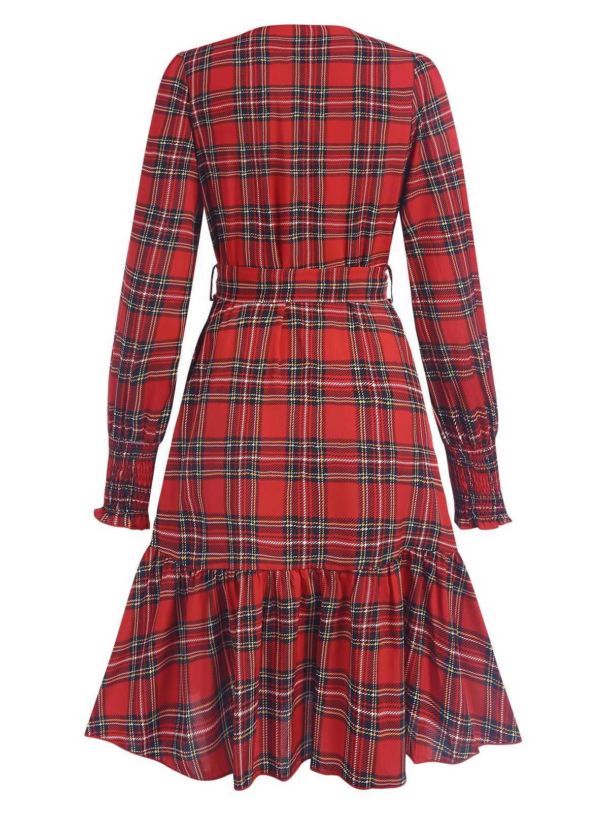 Red 1960s Tartan Plaids Ruffle Hem Belted Dress - Image 3