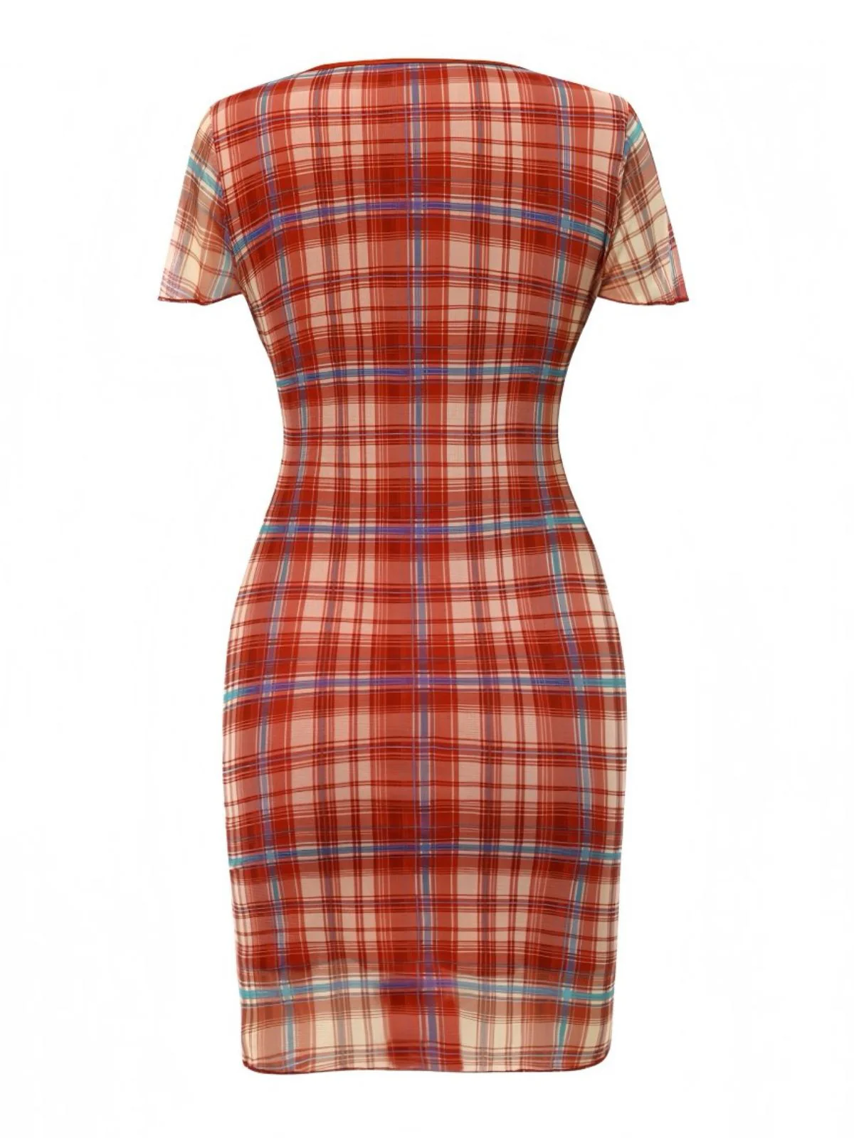 Red 1960s V-Neck Bow Plaid Pencil Dress - Image 2