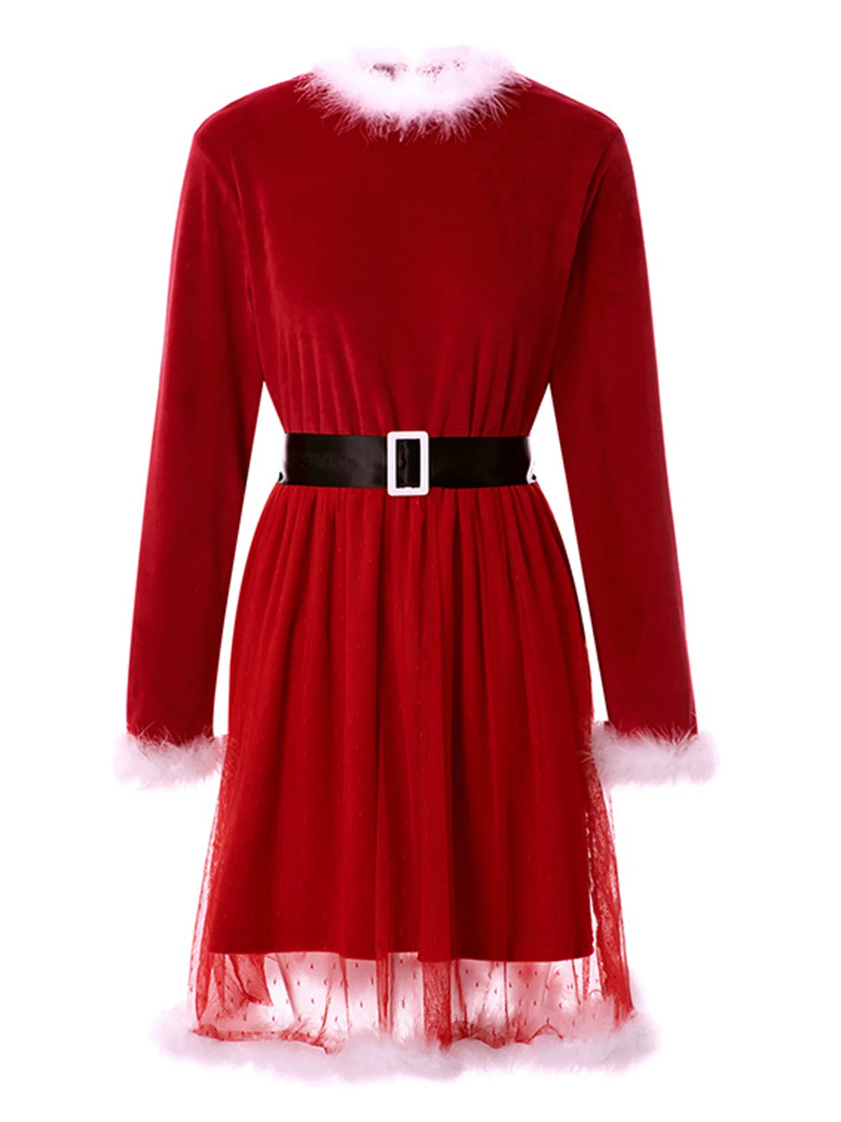 Red 1960s Velvet Mesh Patchwork Belted Dress - Image 2