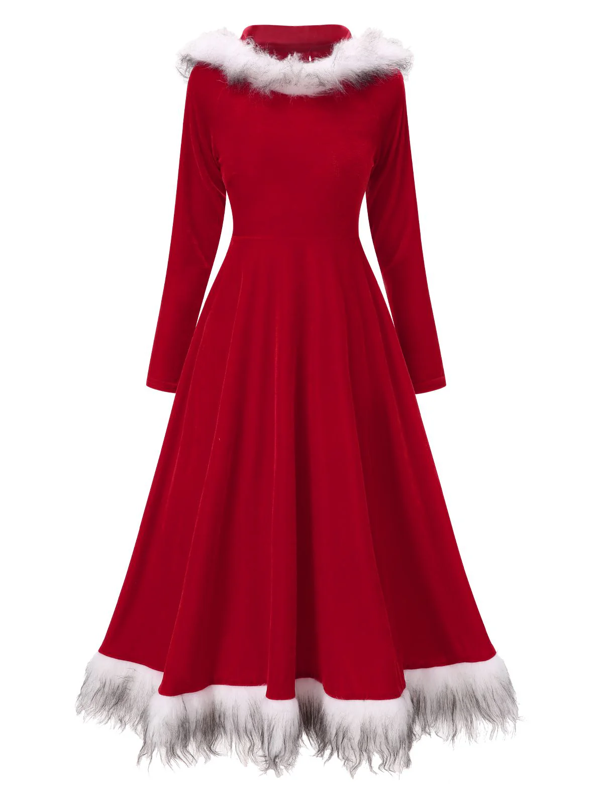 Red 1970s Christmas Fur Hooded Dress - Image 2