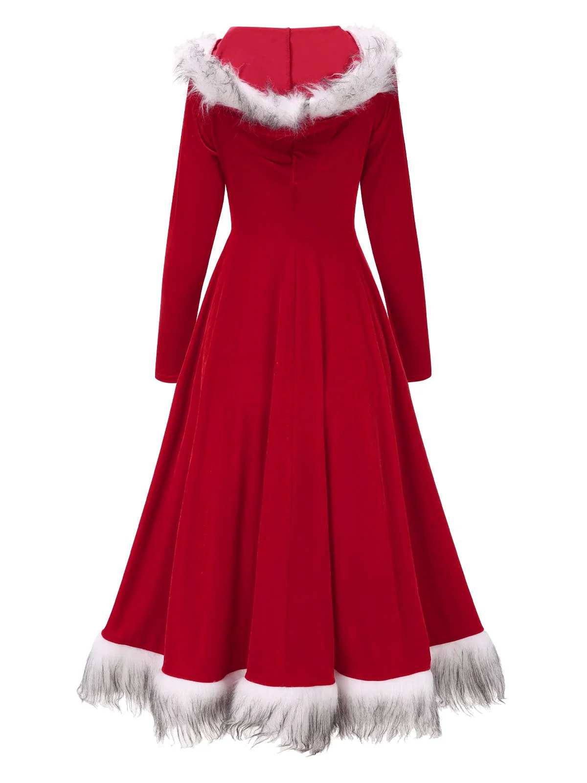Red 1970s Christmas Fur Hooded Dress - Image 3