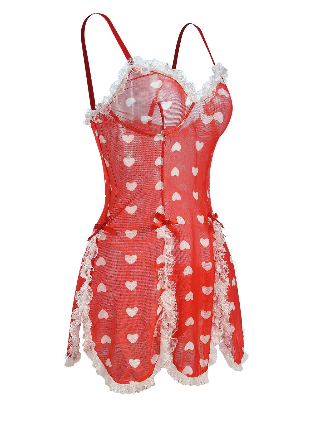 Red 1970s Lace Heart Ruffles Nightgown - Image 2