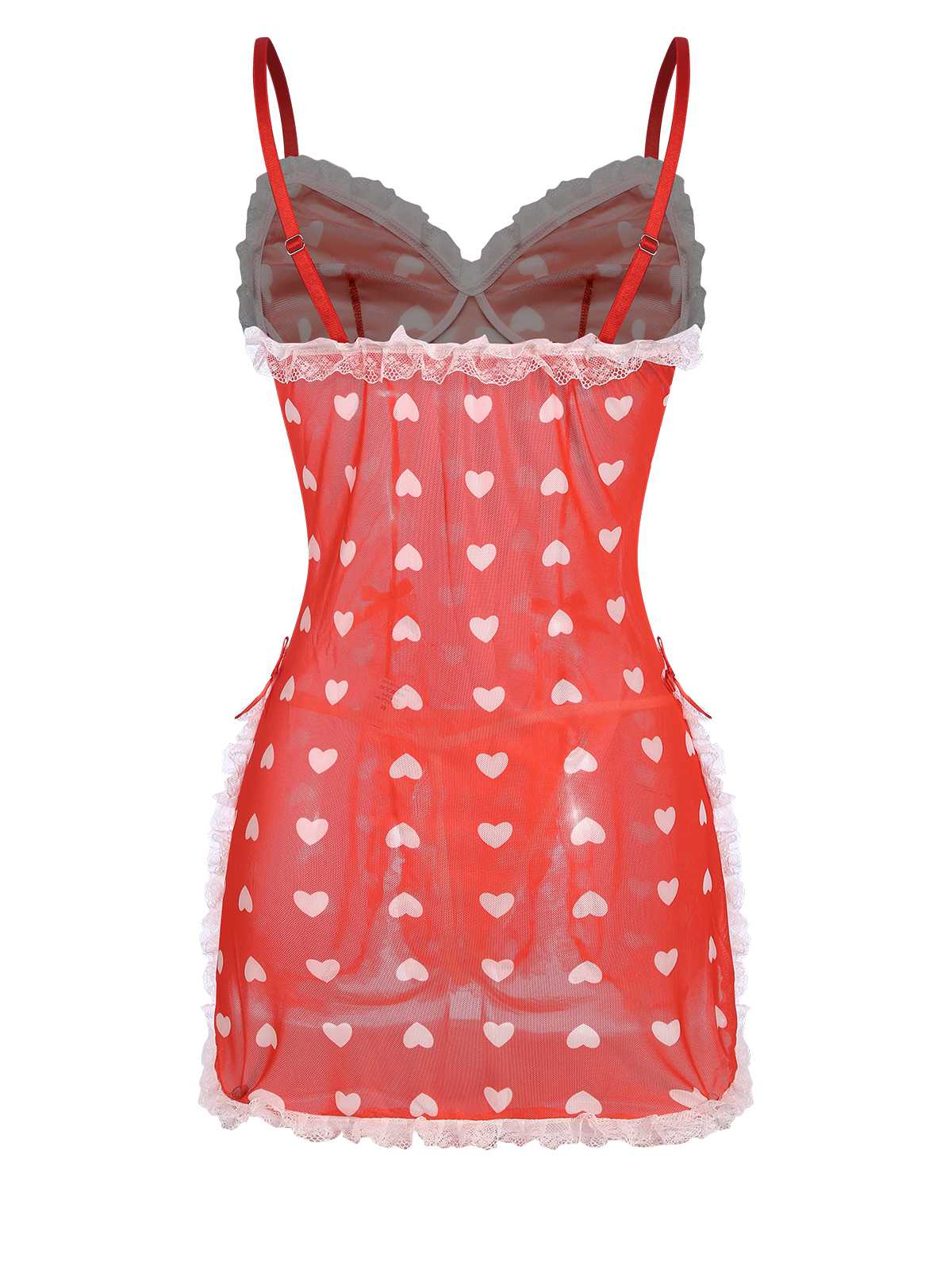 Red 1970s Lace Heart Ruffles Nightgown - Image 3