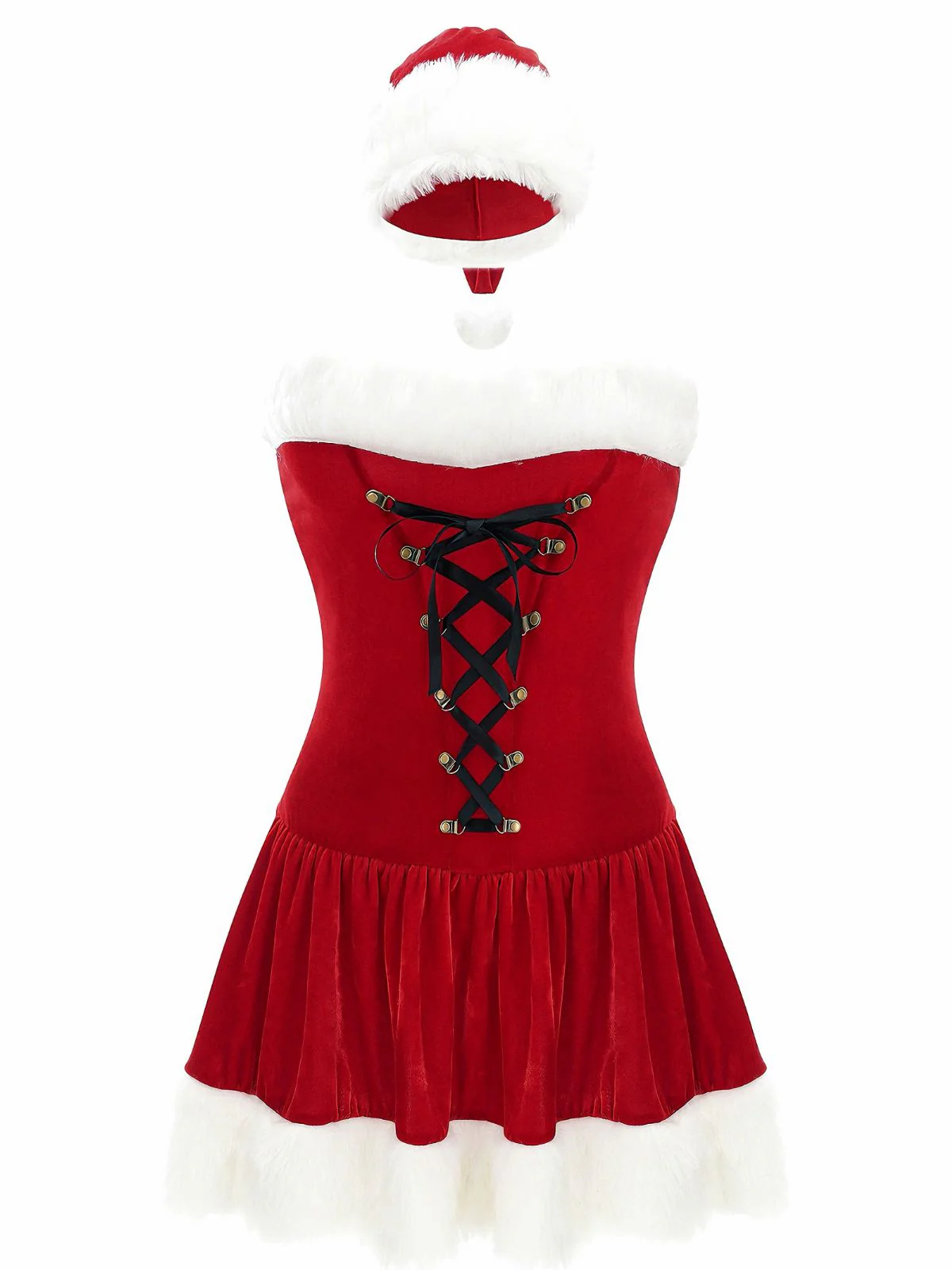 Red 1970s Christmas Plush Lace-Up Strapless Santa Dress - Image 2