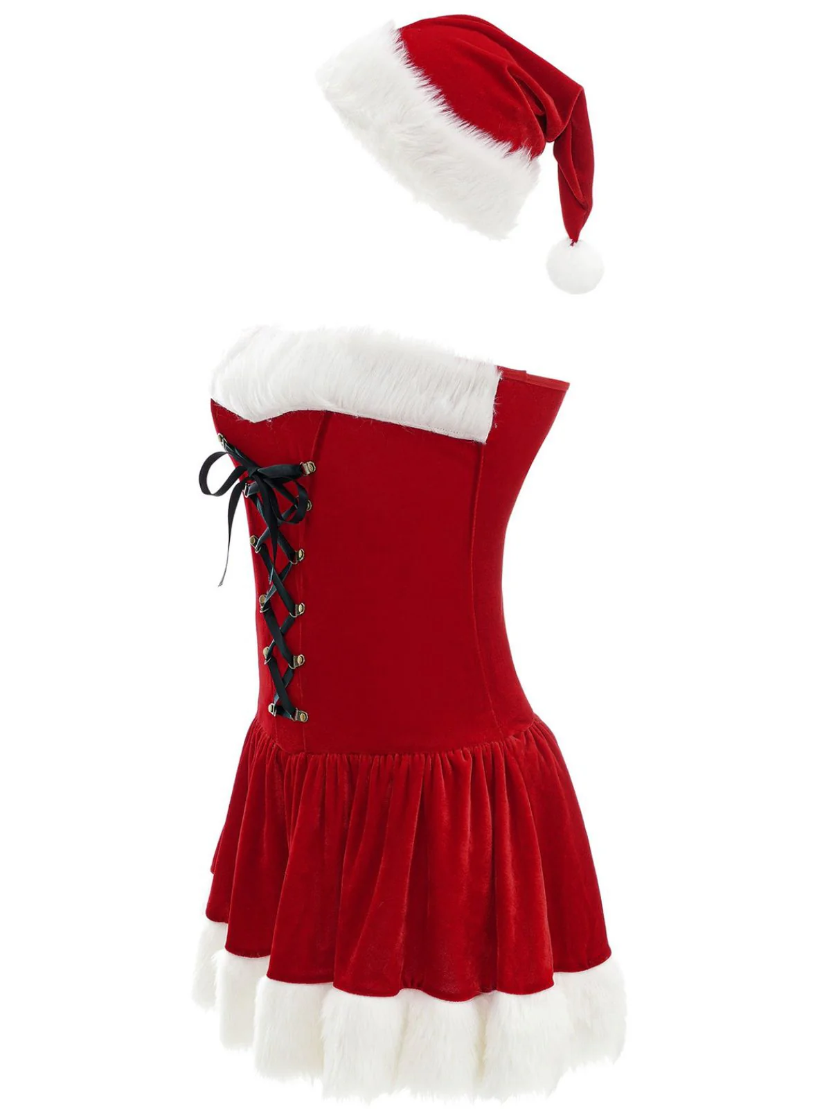 Red 1970s Christmas Plush Lace-Up Strapless Santa Dress - Image 3