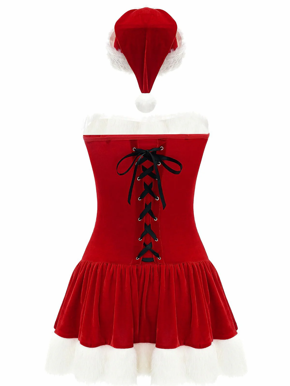 Red 1970s Christmas Plush Lace-Up Strapless Santa Dress - Image 4