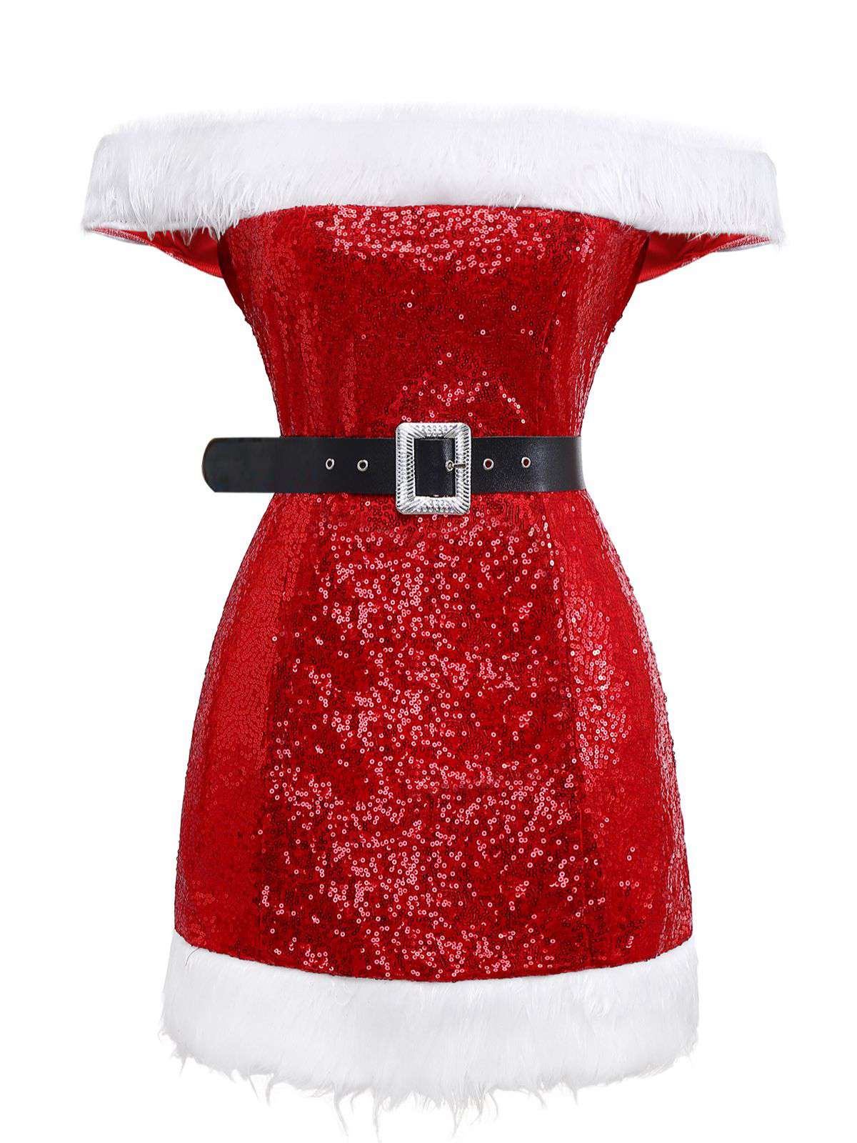 Red 1970s Christmas Sequined Off-Shoulder Plush Trim Dress - Image 2