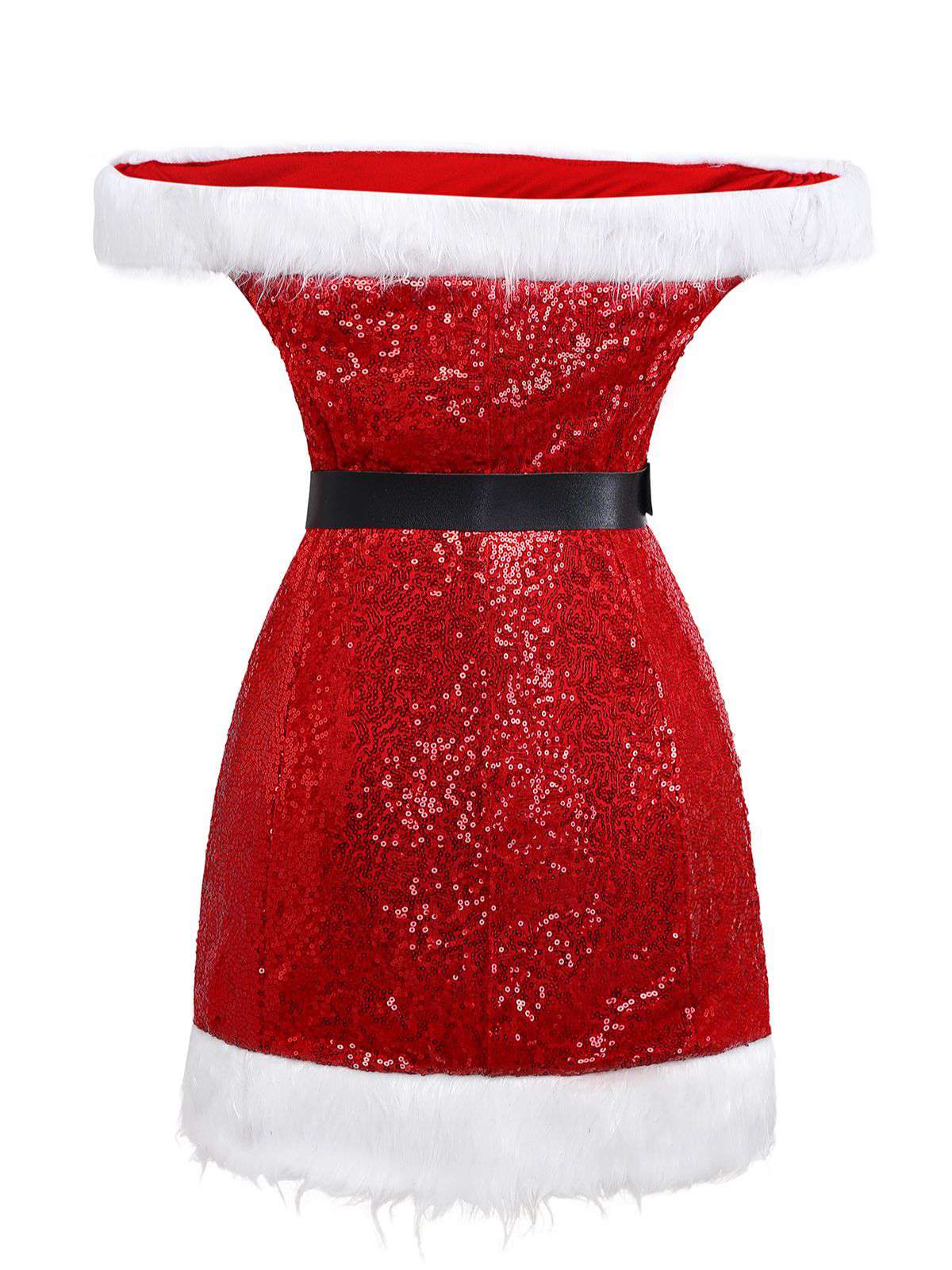Red 1970s Christmas Sequined Off-Shoulder Plush Trim Dress - Image 3