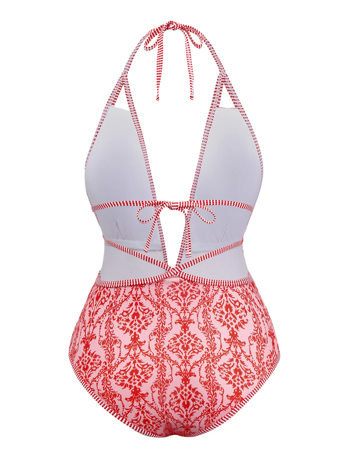 Red 1970s Deep V-Neck Halter Baroque Prints Swimsuit - Image 2