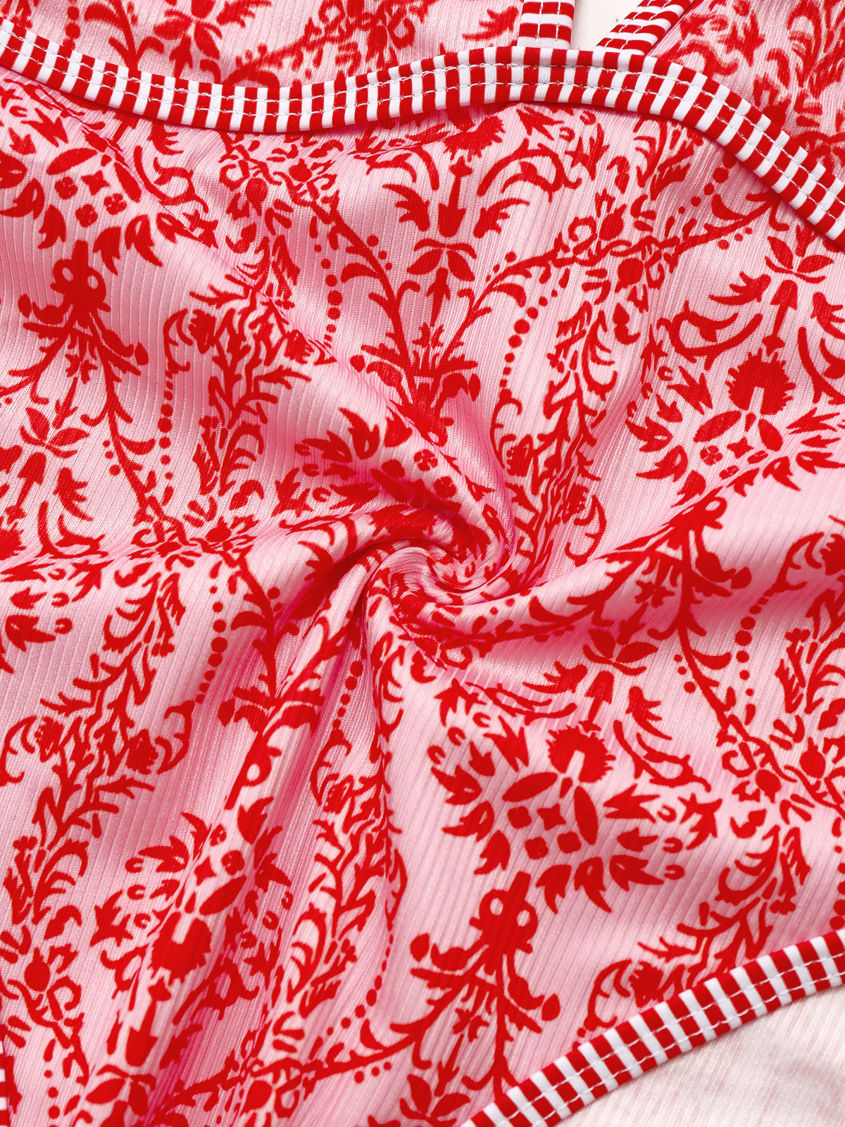 Red 1970s Deep V-Neck Halter Baroque Prints Swimsuit - Image 3