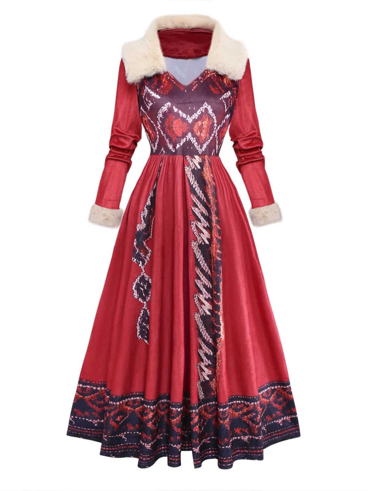 Red 1970s Detachable Fur Collar Boho Dress - Image 2
