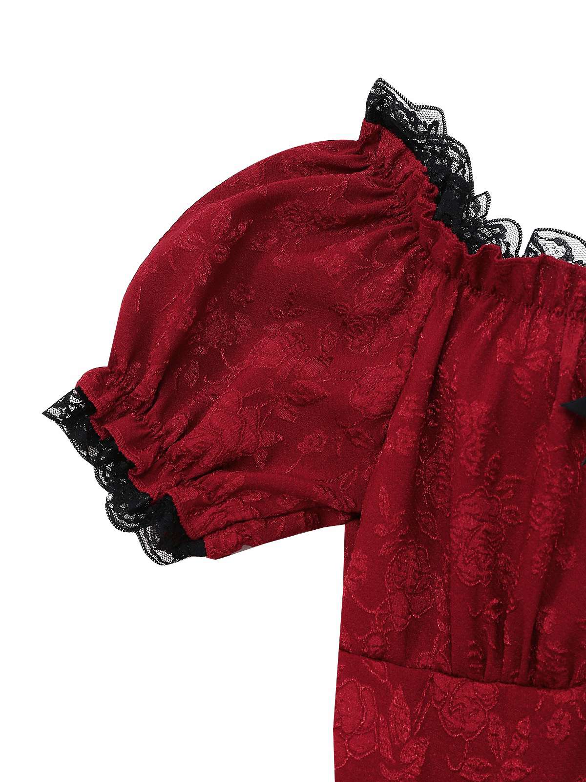 Red 1970s Gothic Lace Bow Off Shoulder Dress - Image 3