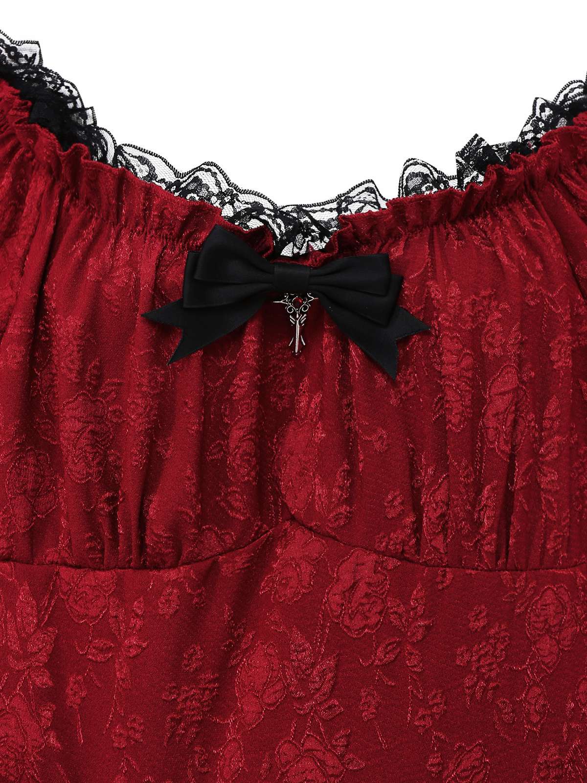 Red 1970s Gothic Lace Bow Off Shoulder Dress - Image 4
