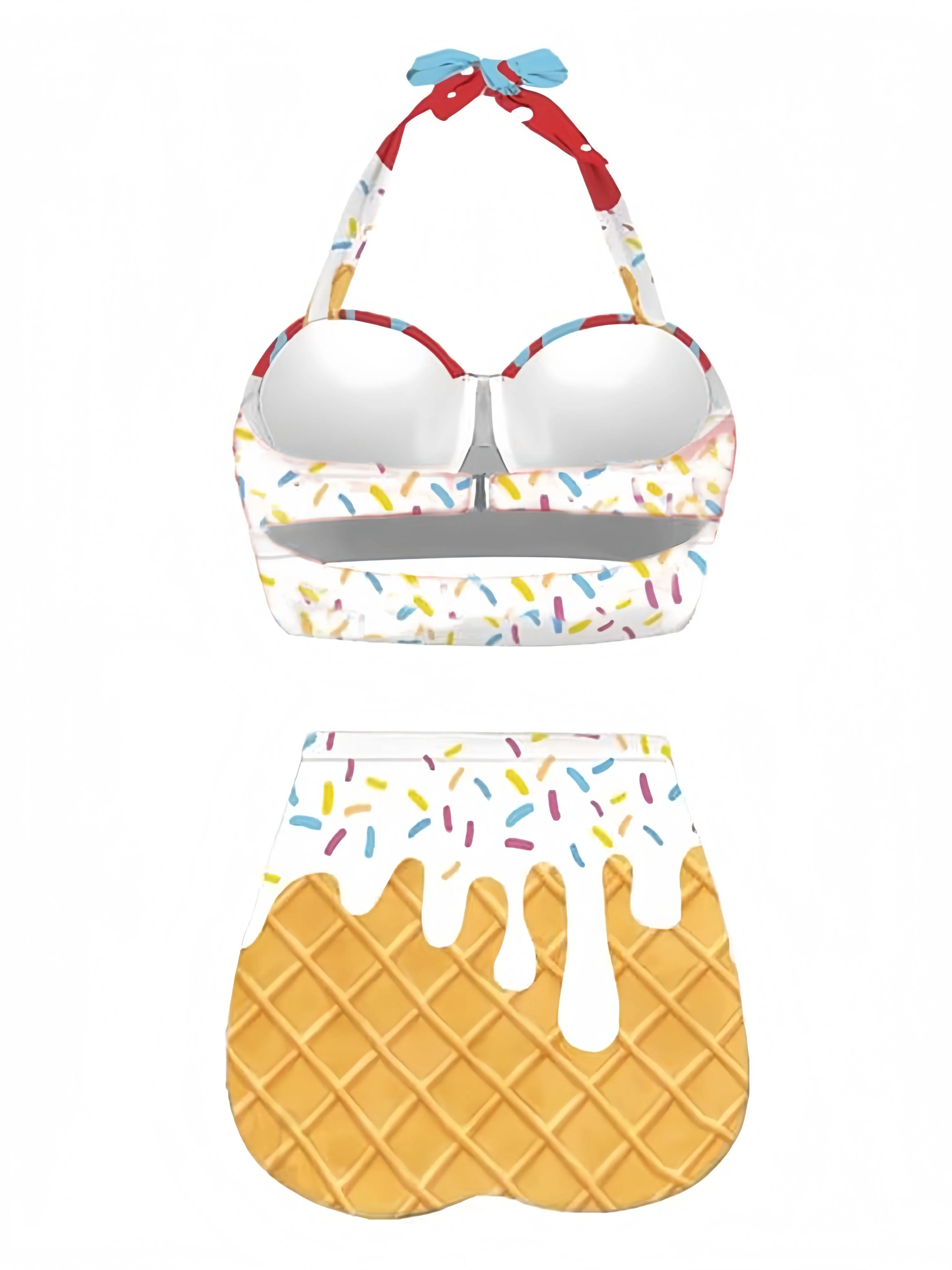 Red 1970s Halter Ice-Cream Cone Bikini Set - Image 2
