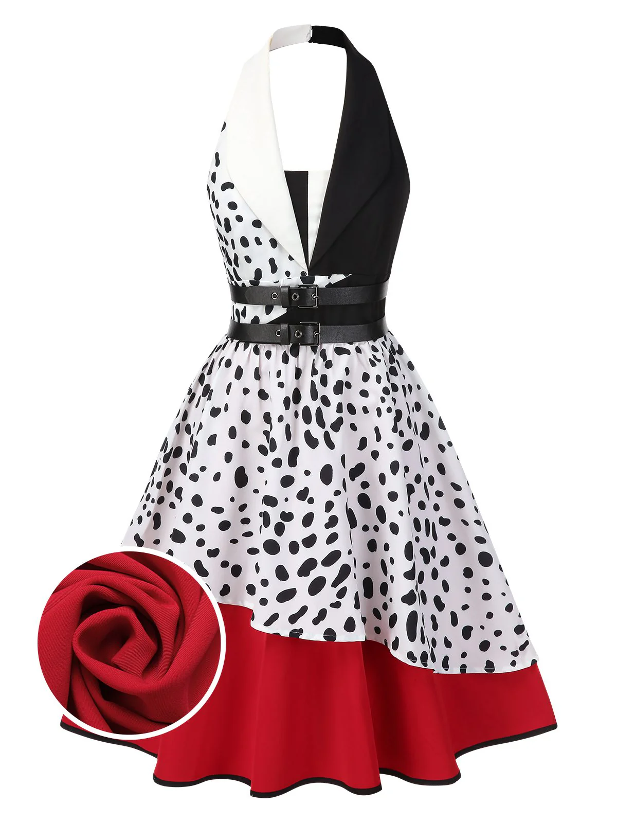 Red 1970s Irregular Contrast Halter Dalmatian Dress - Image 3