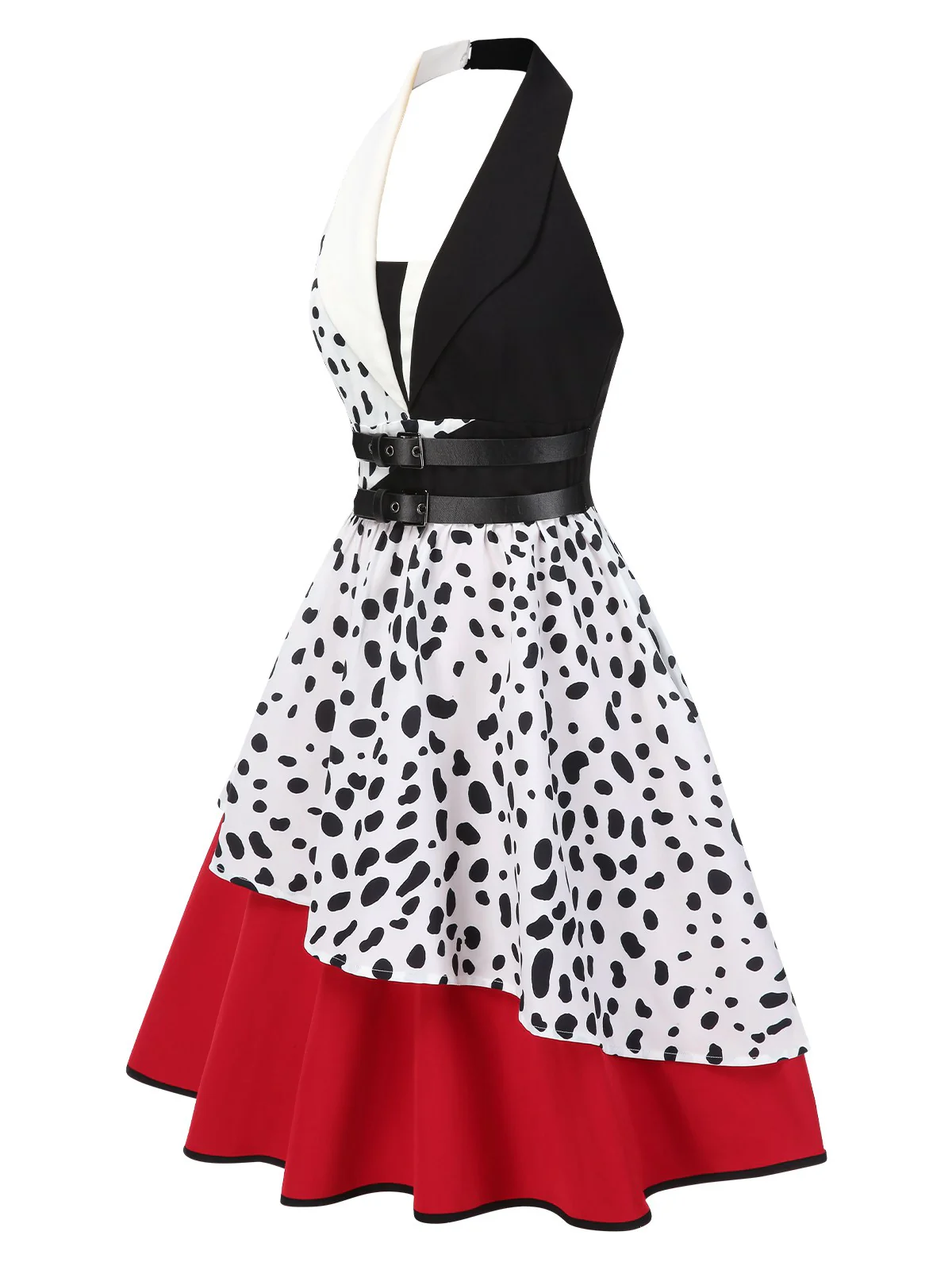 Red 1970s Irregular Contrast Halter Dalmatian Dress - Image 4