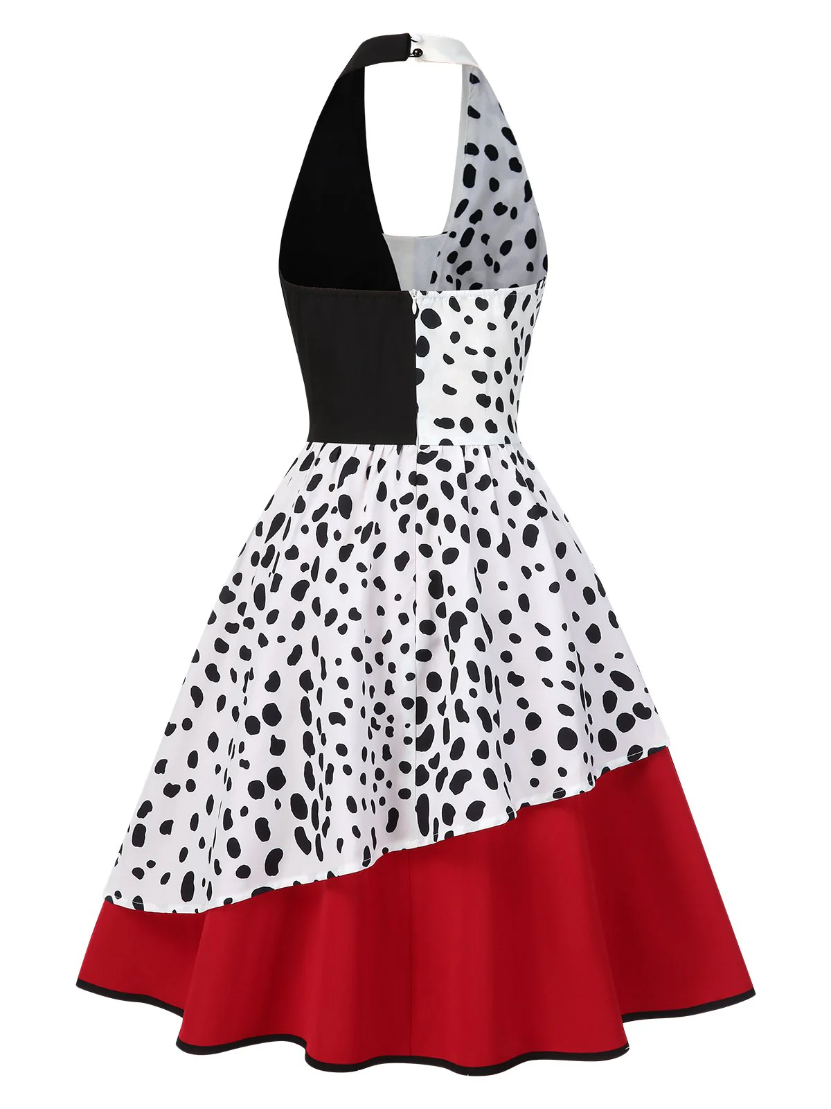Red 1970s Irregular Contrast Halter Dalmatian Dress - Image 5