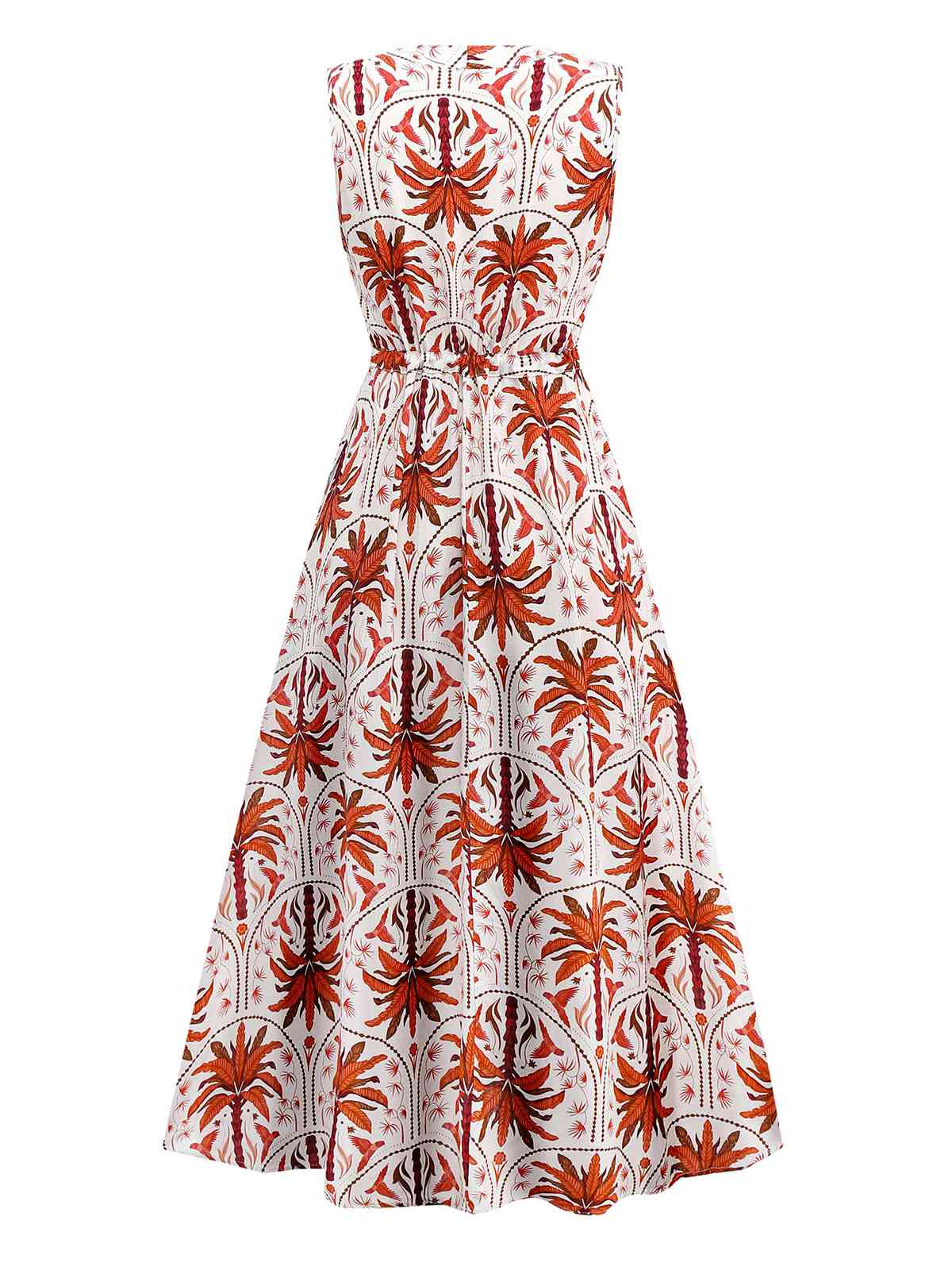 Red 1970s Lapel V-Neck Tropical Plants Dress - Image 2