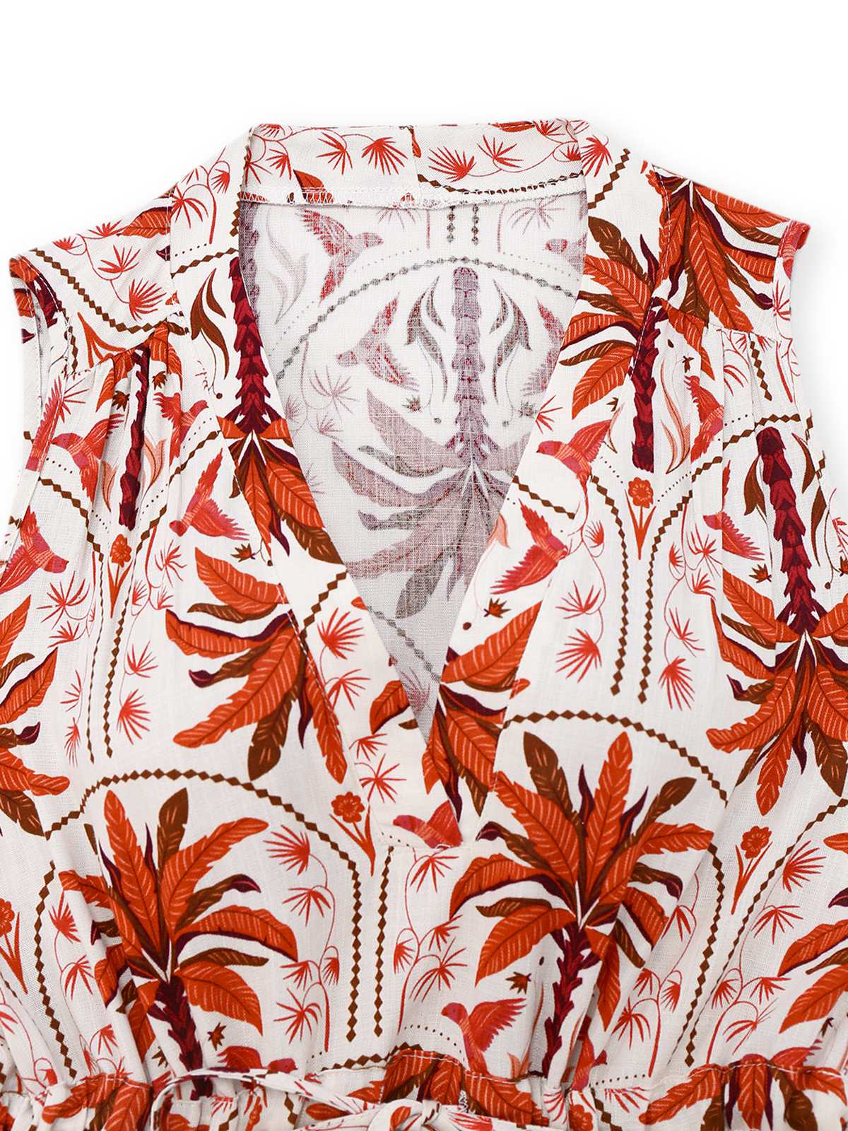 Red 1970s Lapel V-Neck Tropical Plants Dress - Image 3