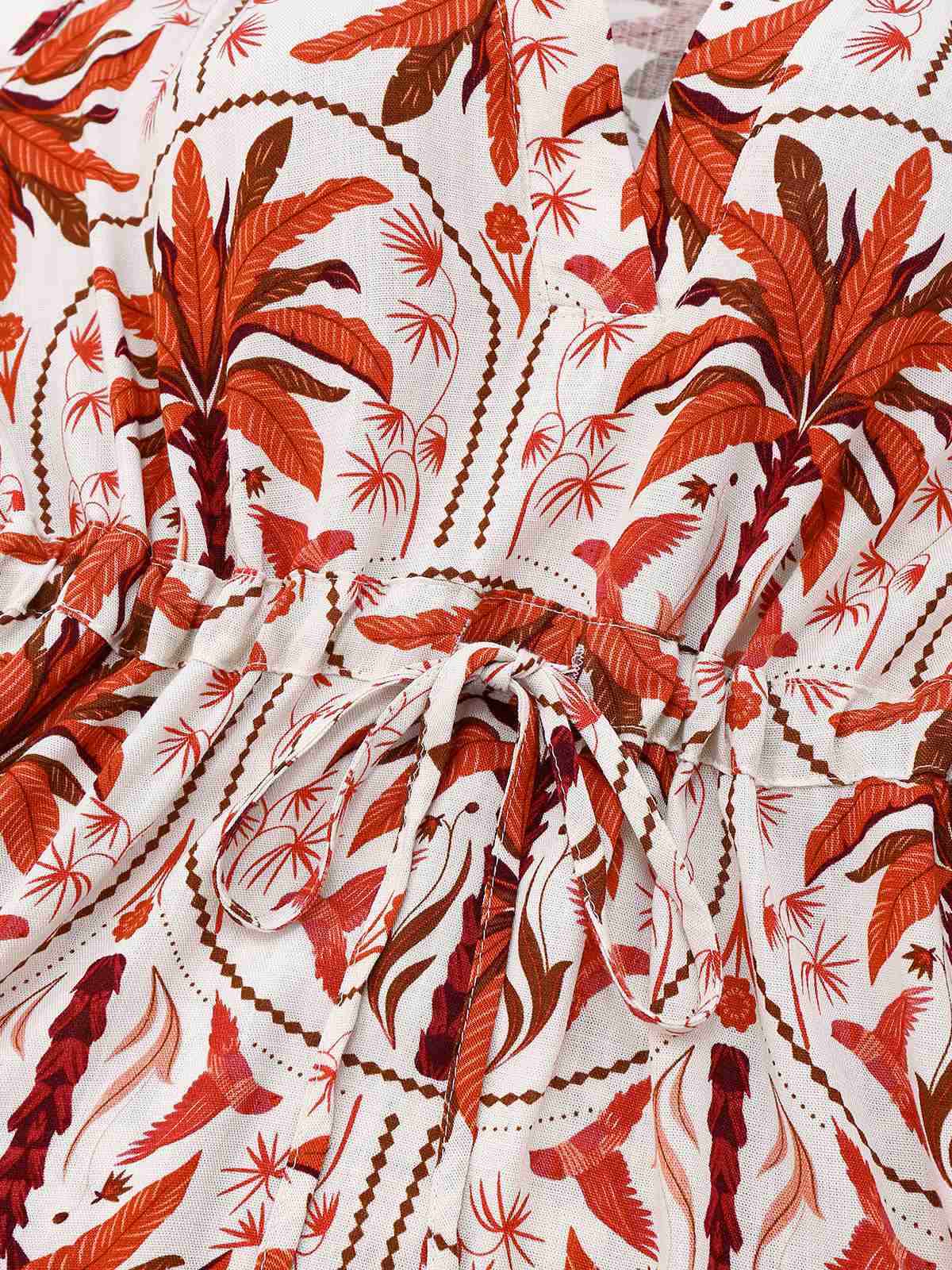 Red 1970s Lapel V-Neck Tropical Plants Dress - Image 5