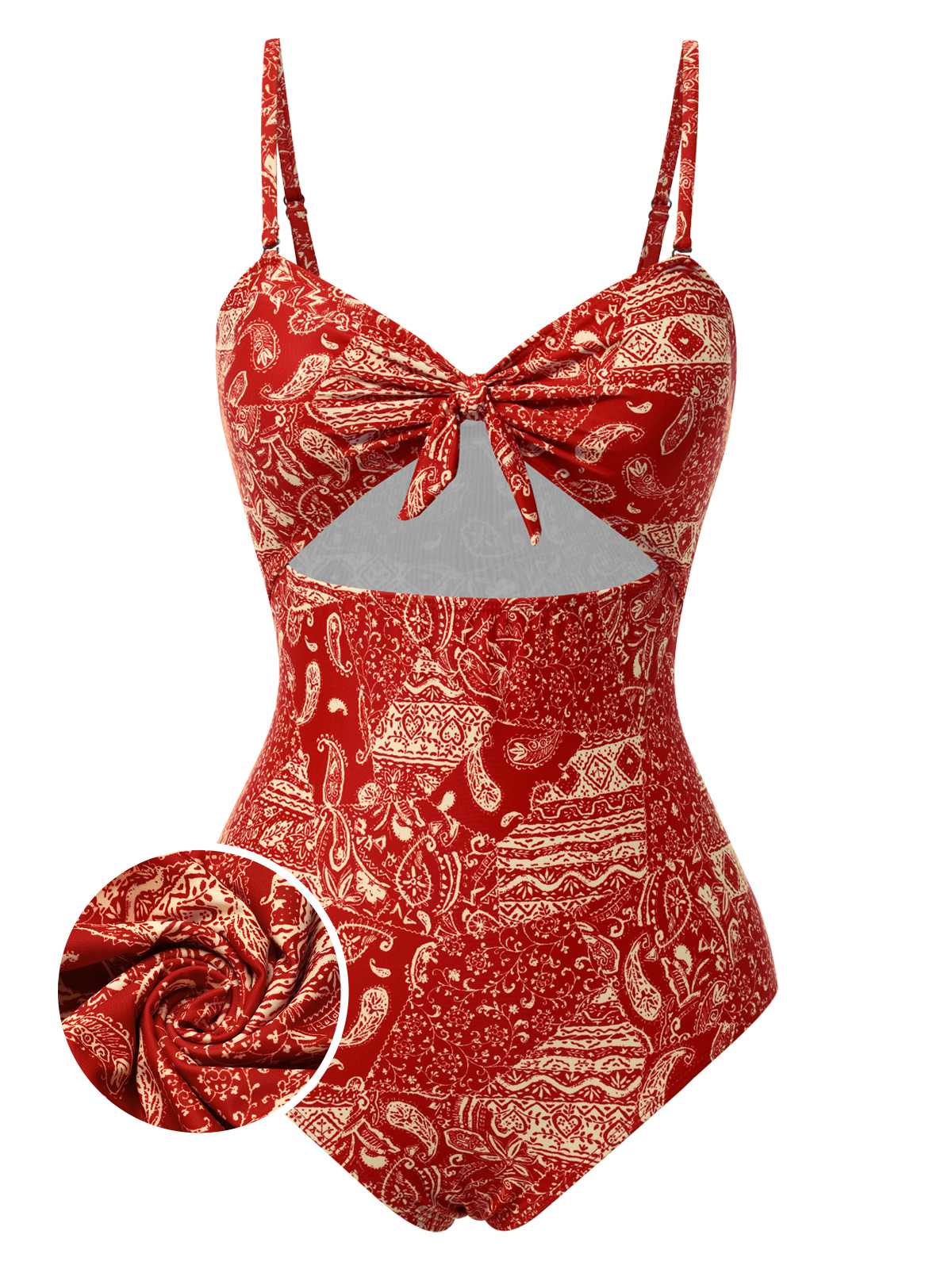 Red 1970s Paisley Hollow Spaghetti Straps Swimsuit - Image 2