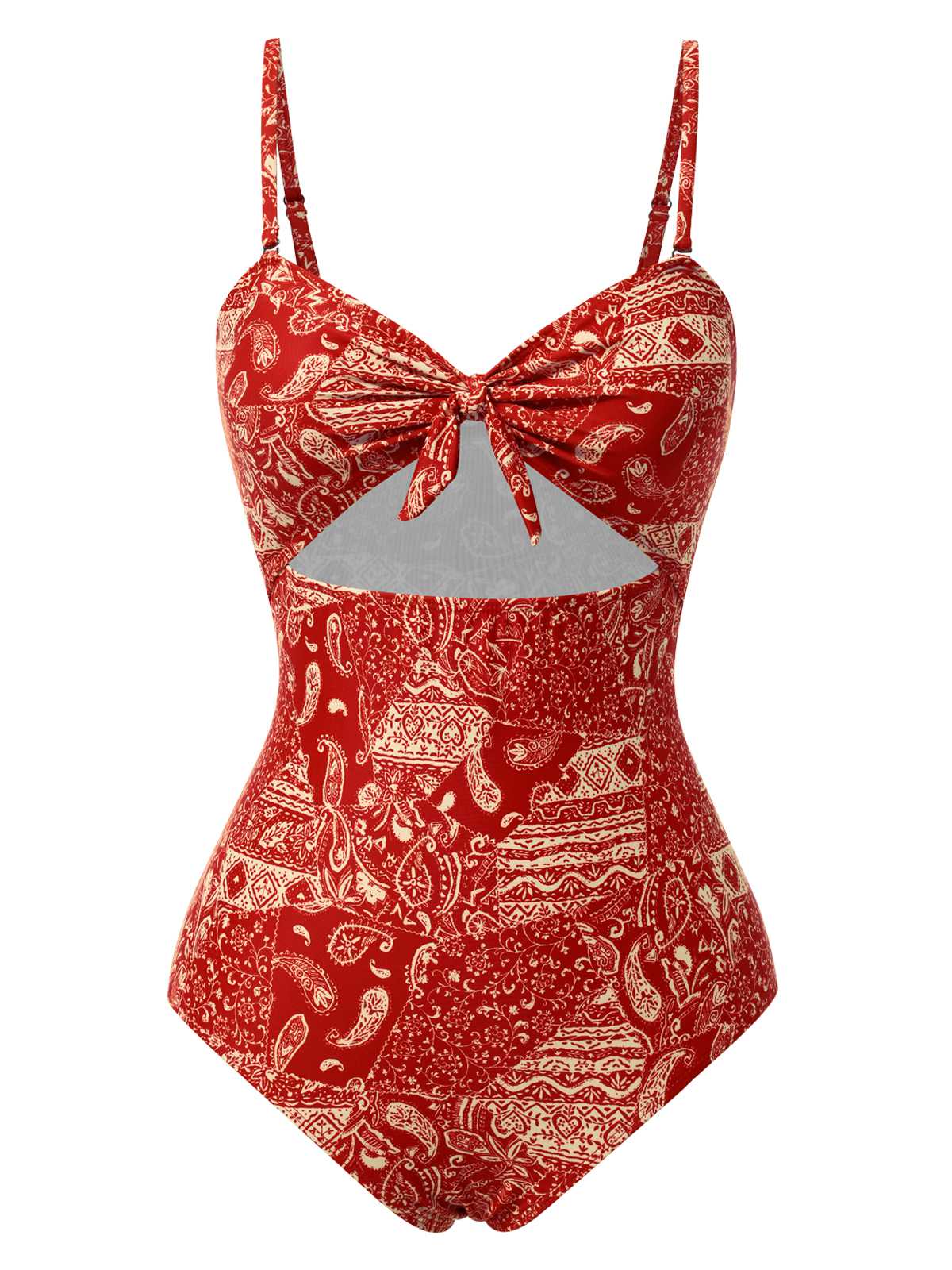 Red 1970s Paisley Hollow Spaghetti Straps Swimsuit - Image 3