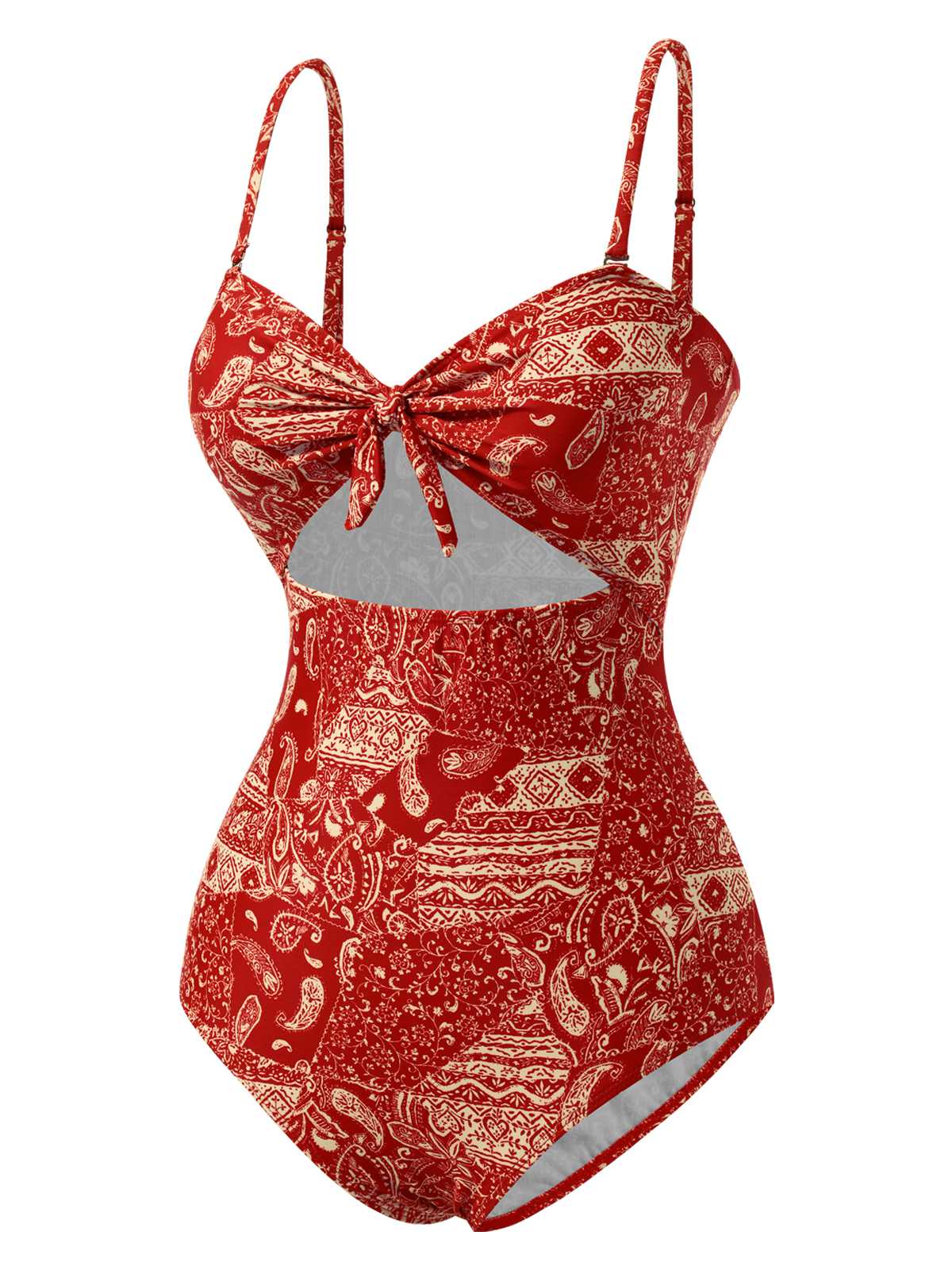 Red 1970s Paisley Hollow Spaghetti Straps Swimsuit - Image 4