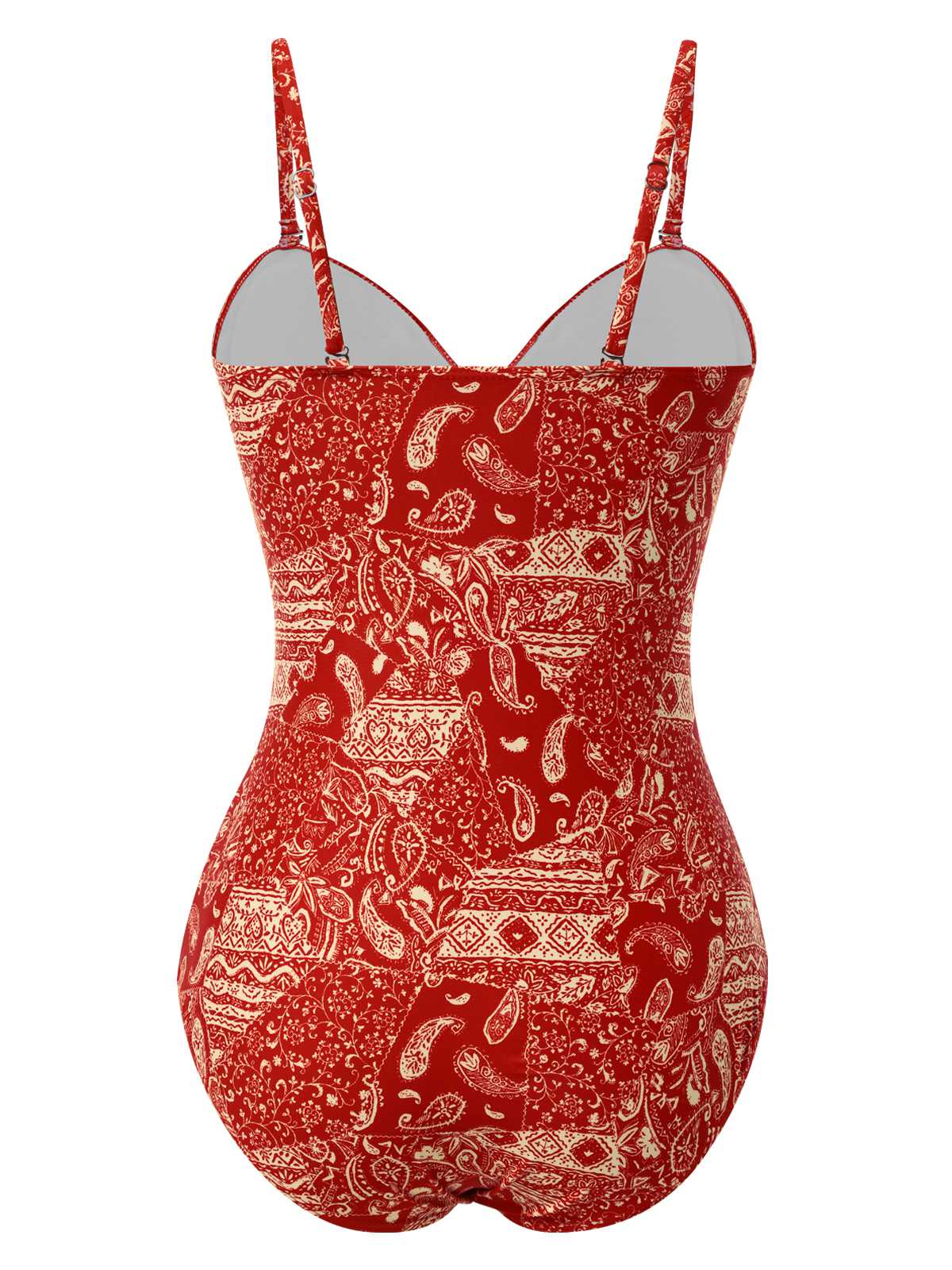 Red 1970s Paisley Hollow Spaghetti Straps Swimsuit - Image 5