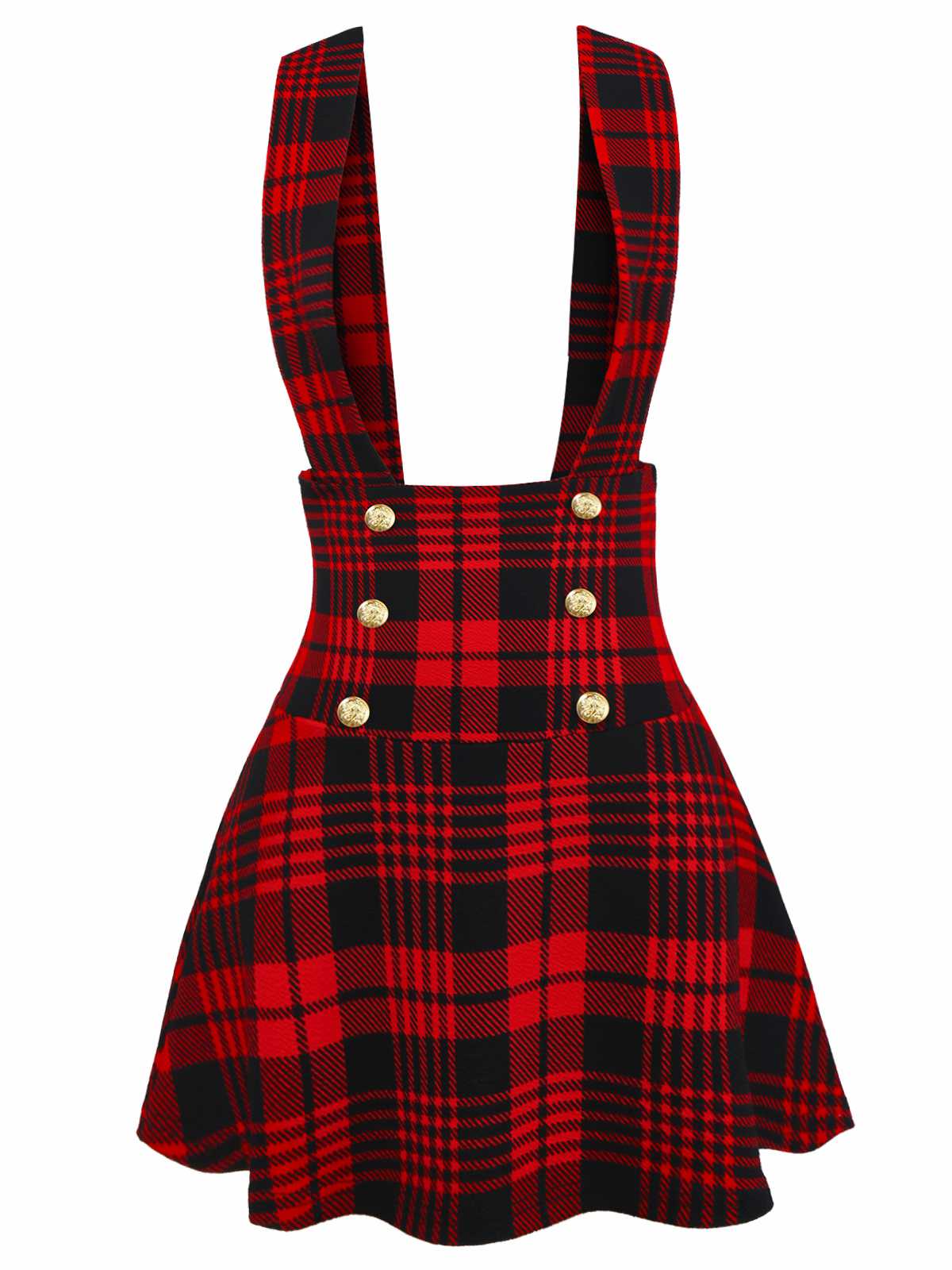 Red 1970s Plaids Button Suspender Skirt - Image 2