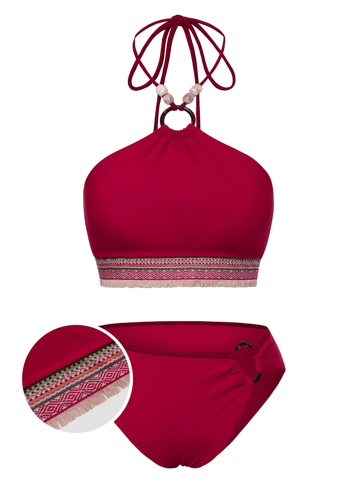 Red 1970s Princess Style Beading Halter Bikini Set - Image 2