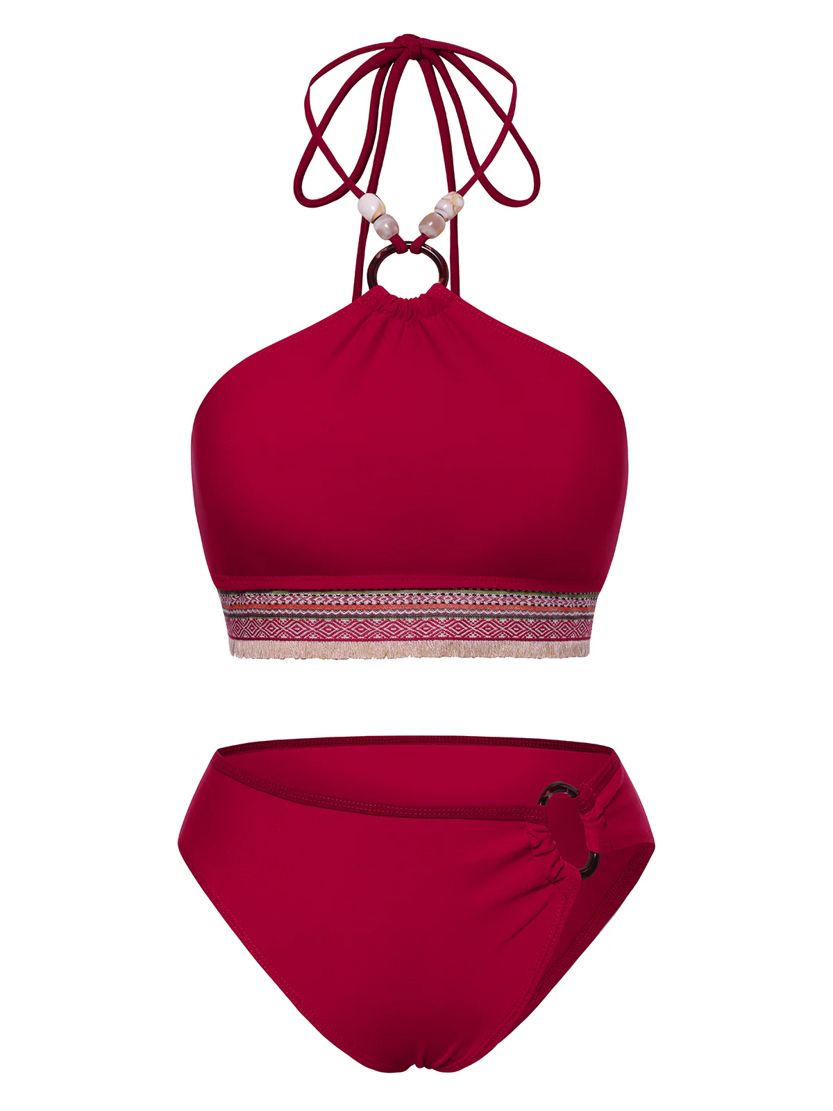 Red 1970s Princess Style Beading Halter Bikini Set - Image 3