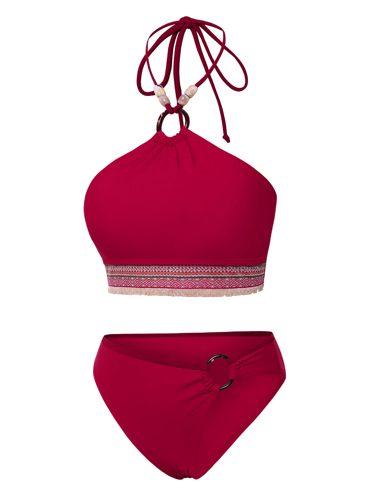 Red 1970s Princess Style Beading Halter Bikini Set - Image 4