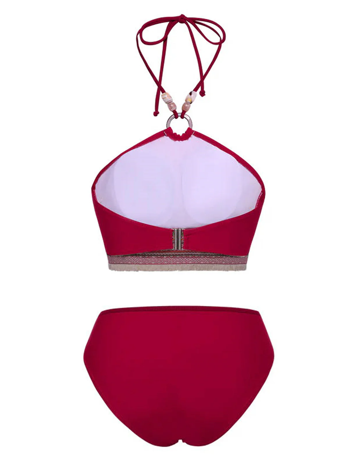 Red 1970s Princess Style Beading Halter Bikini Set - Image 5